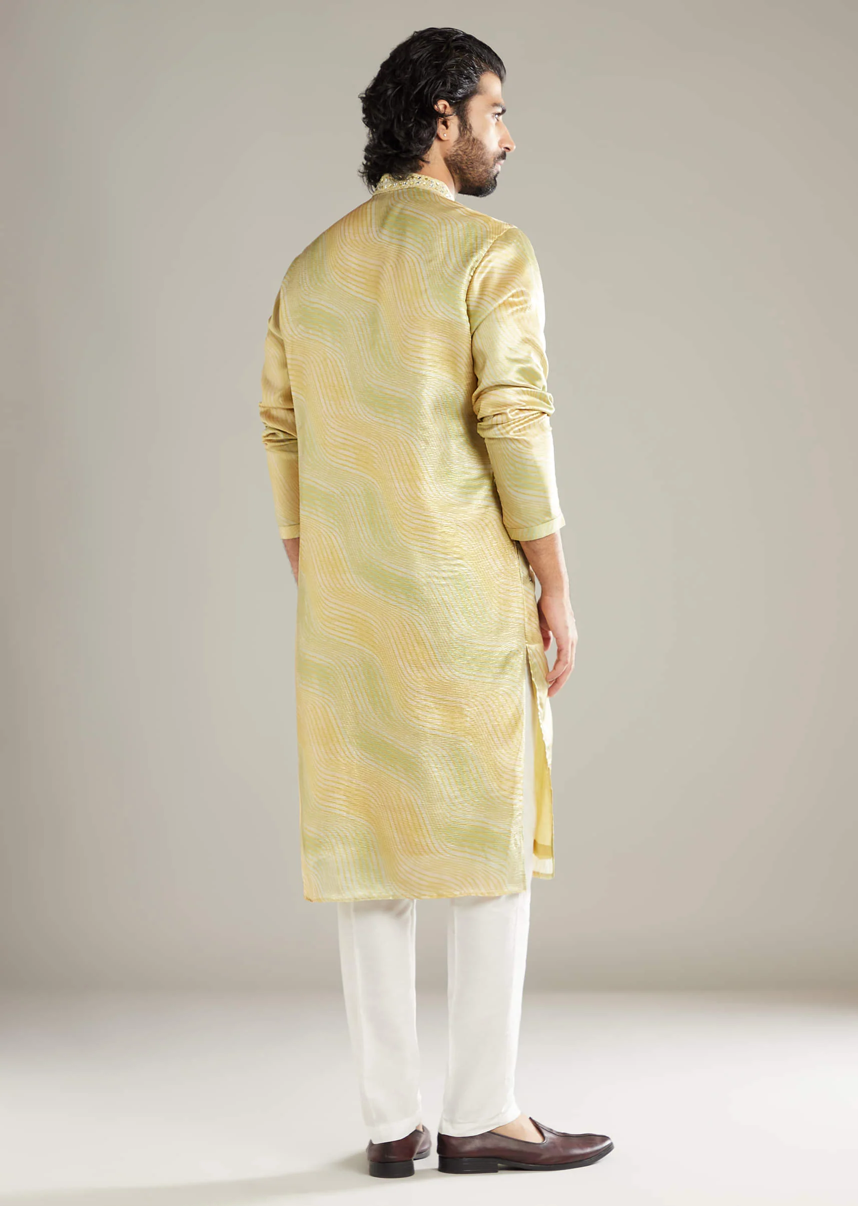 Lemon Yellow Silk Kurta Set For Men With Mirror Work - Image 3