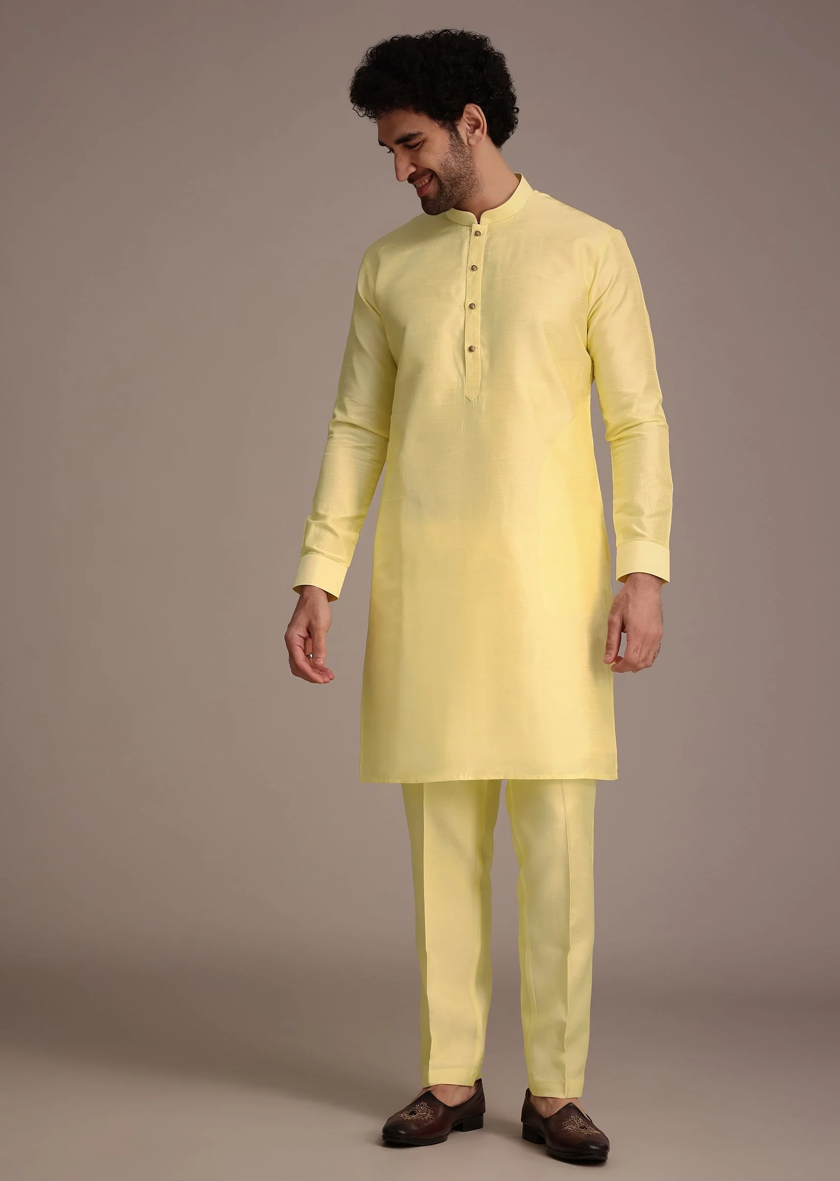 Lemon Yellow Silk Thread Work Kurta Jacket Set - Image 7