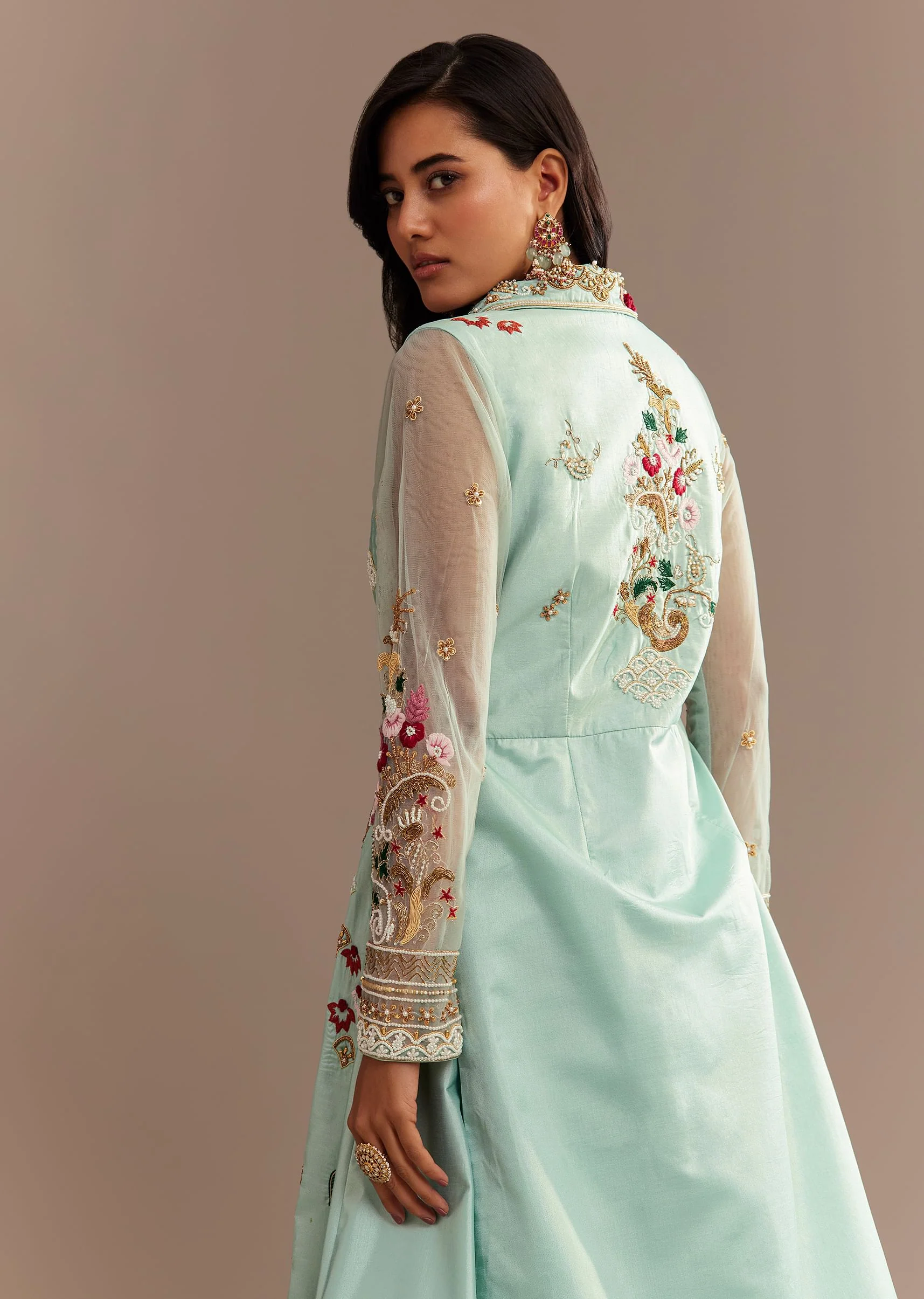 Light Aqua Blue Zardosi Embroidered Jacket Lehenga Set - Image 4