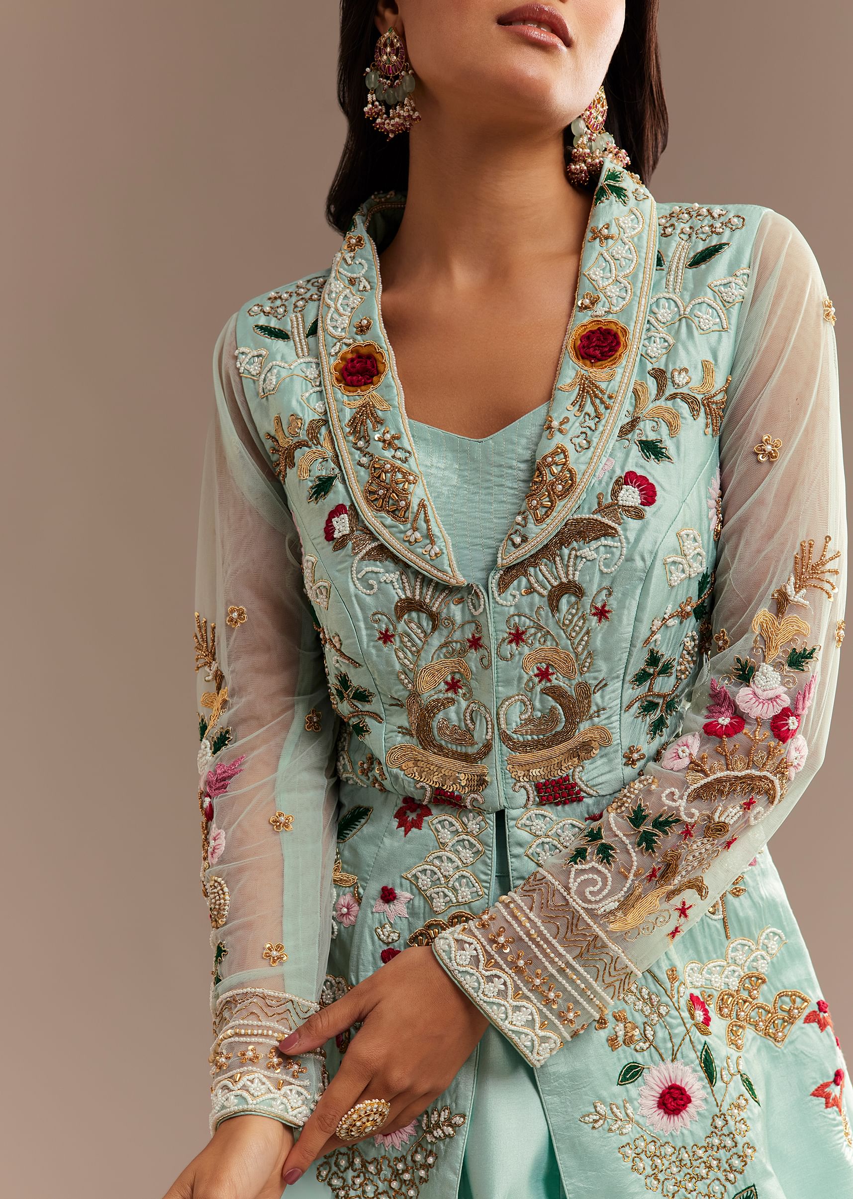 Light Aqua Blue Zardosi Embroidered Jacket Lehenga Set - Image 5