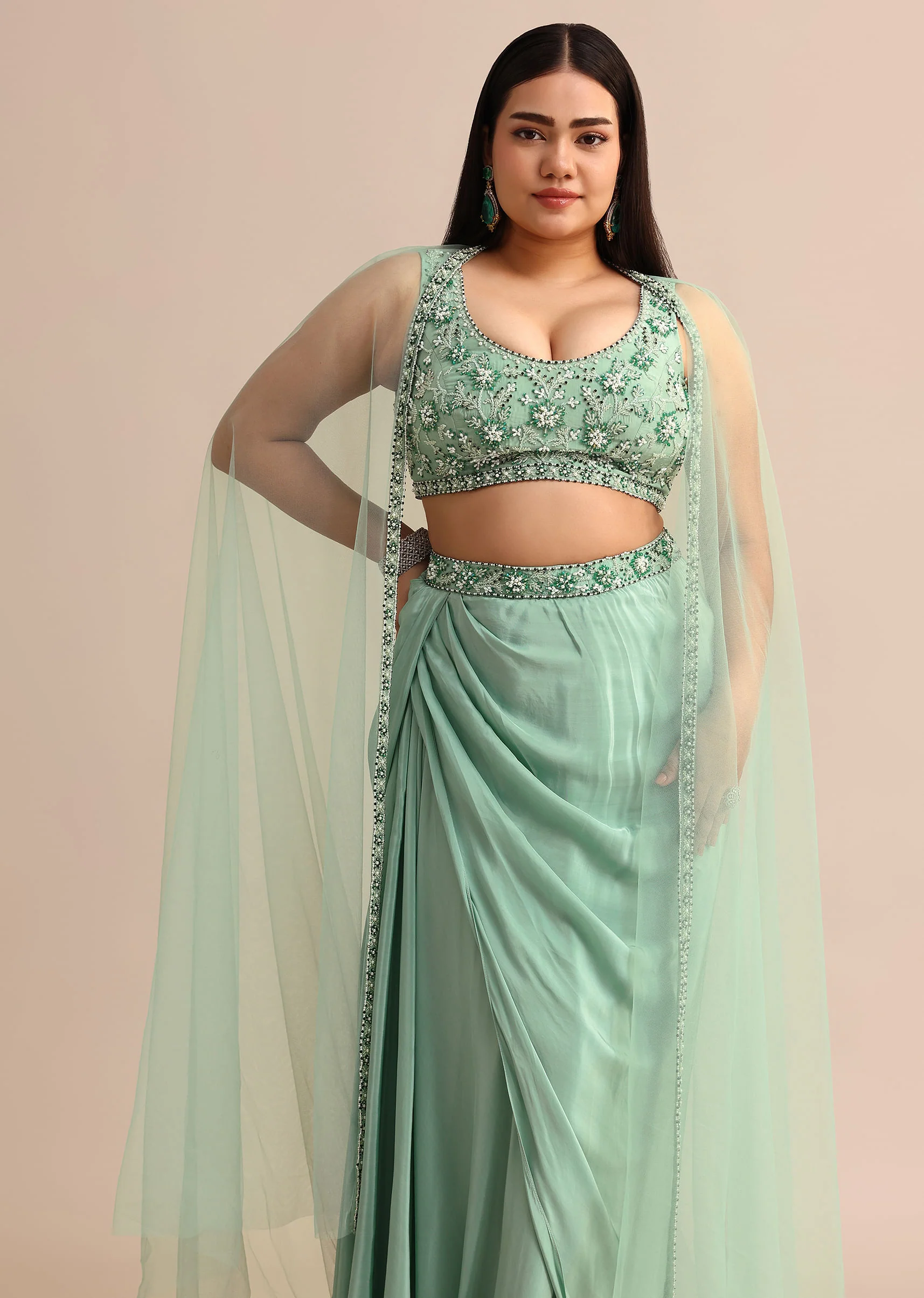 Light Aqua Draped Skirt With Net Cape - Image 4
