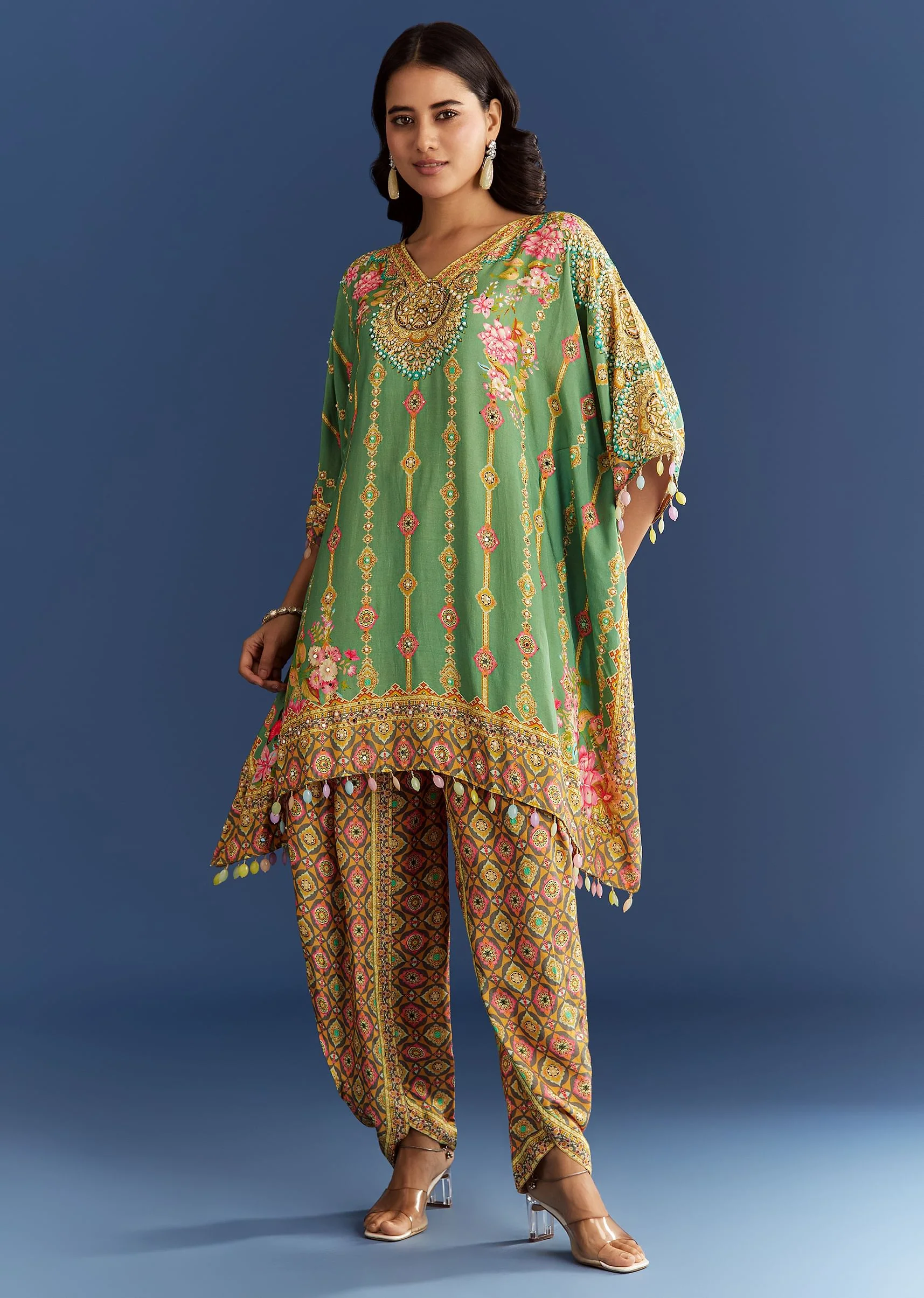 Light Aqua Green Cotton Muslin Kaftaan With Printed Dhoti