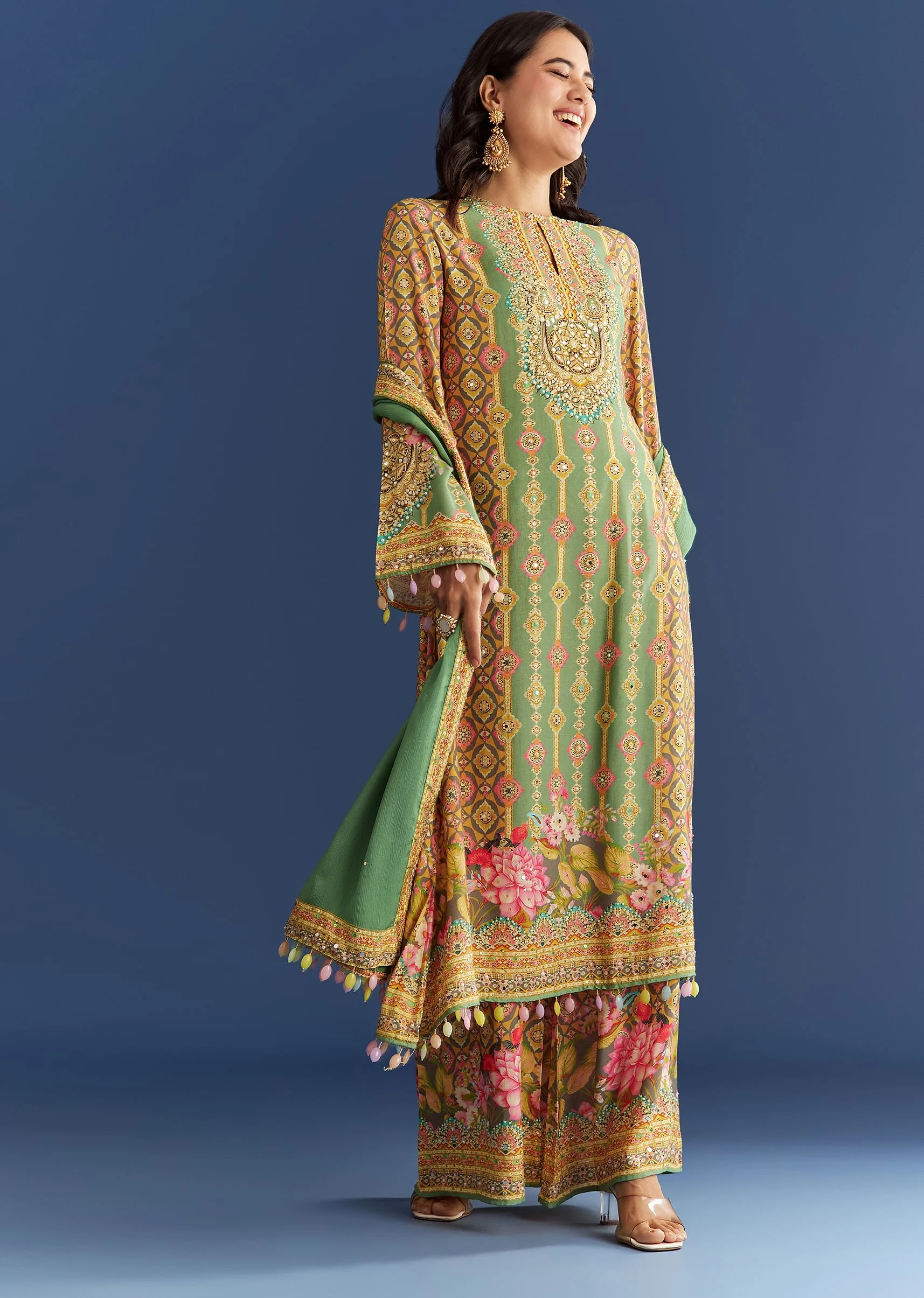 Light Aqua Green Cotton Muslin Kurta Dupatta With Printed Palazzo - Image 3