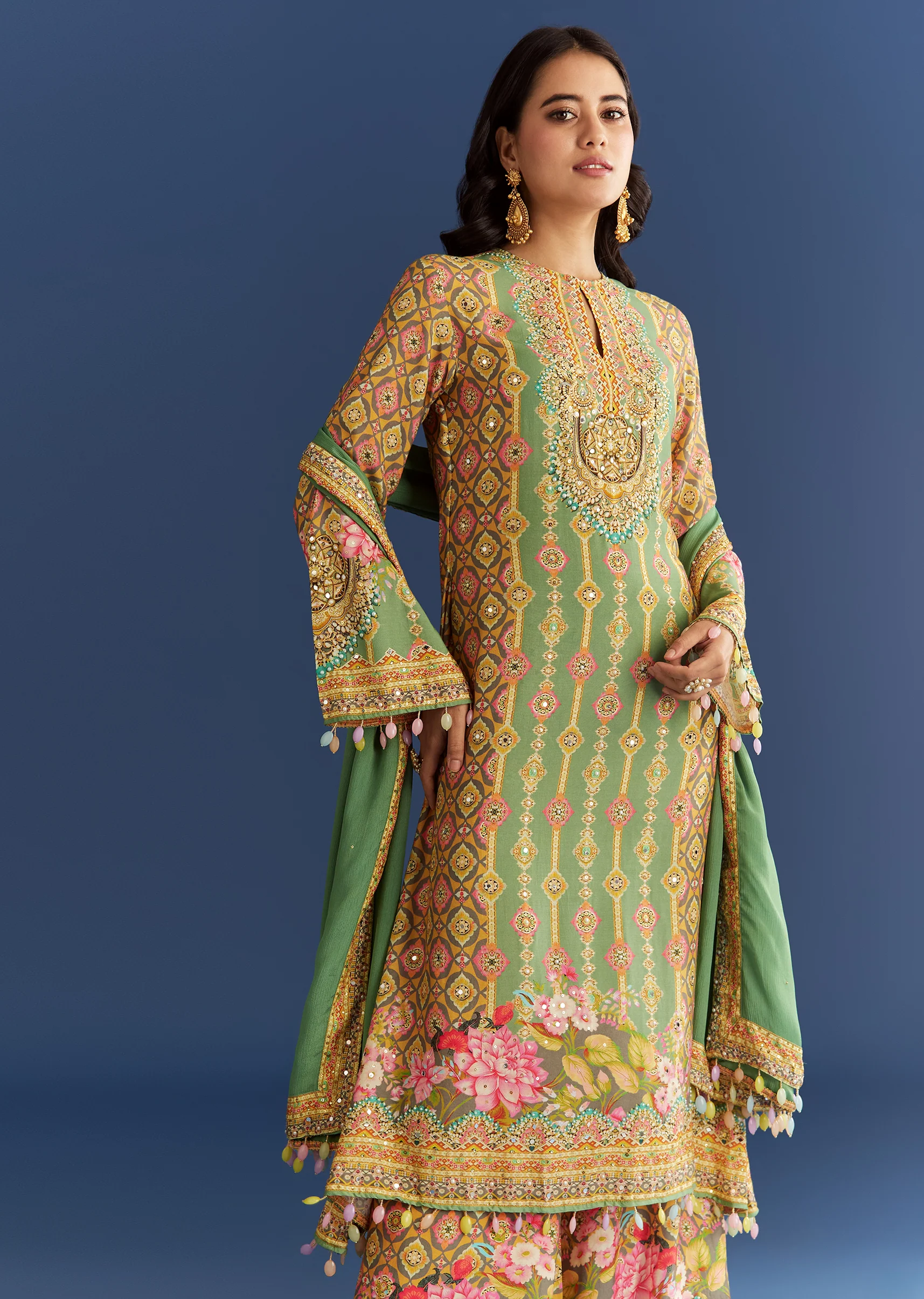 Light Aqua Green Cotton Muslin Kurta Dupatta With Printed Palazzo - Image 4