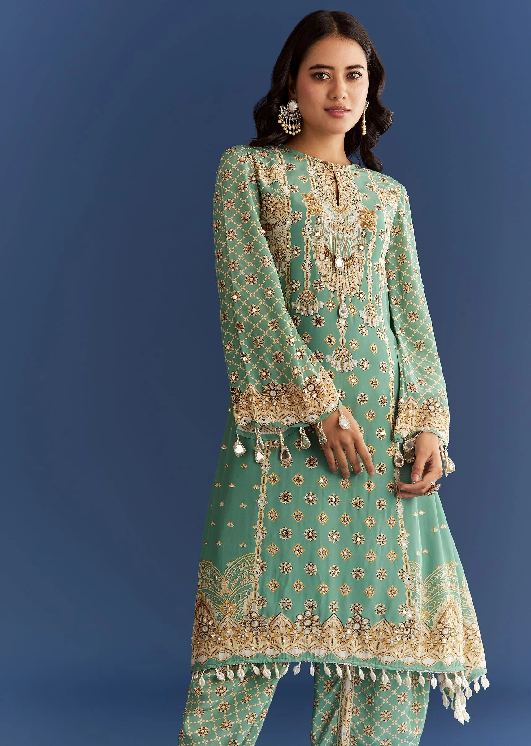 Light Aqua Green Crepe Printed Kurta Dhoti With Embroidery - Image 4