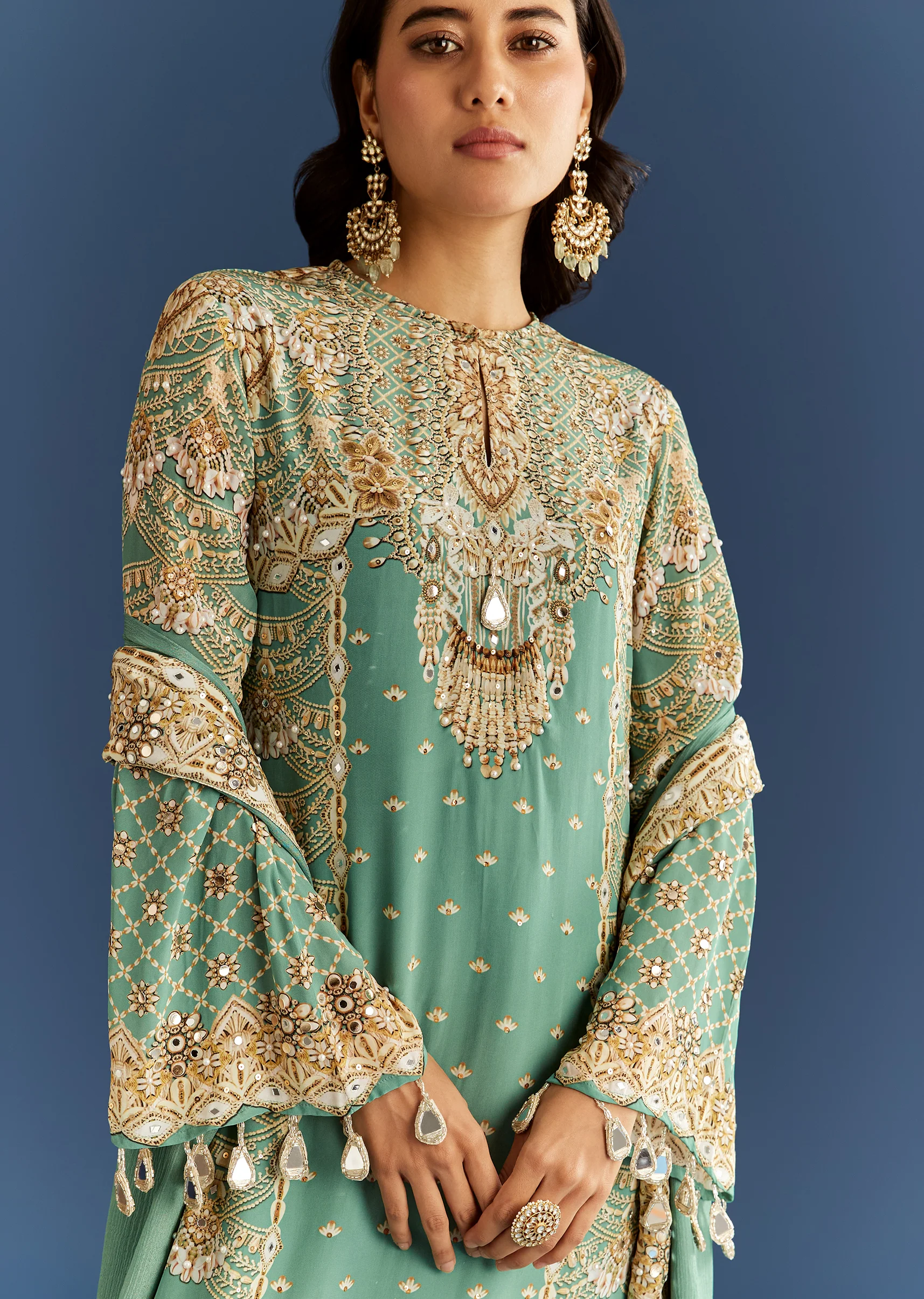 Light Aqua Green Crepe Printed Kurta Palazzo With Dupatta - Image 2