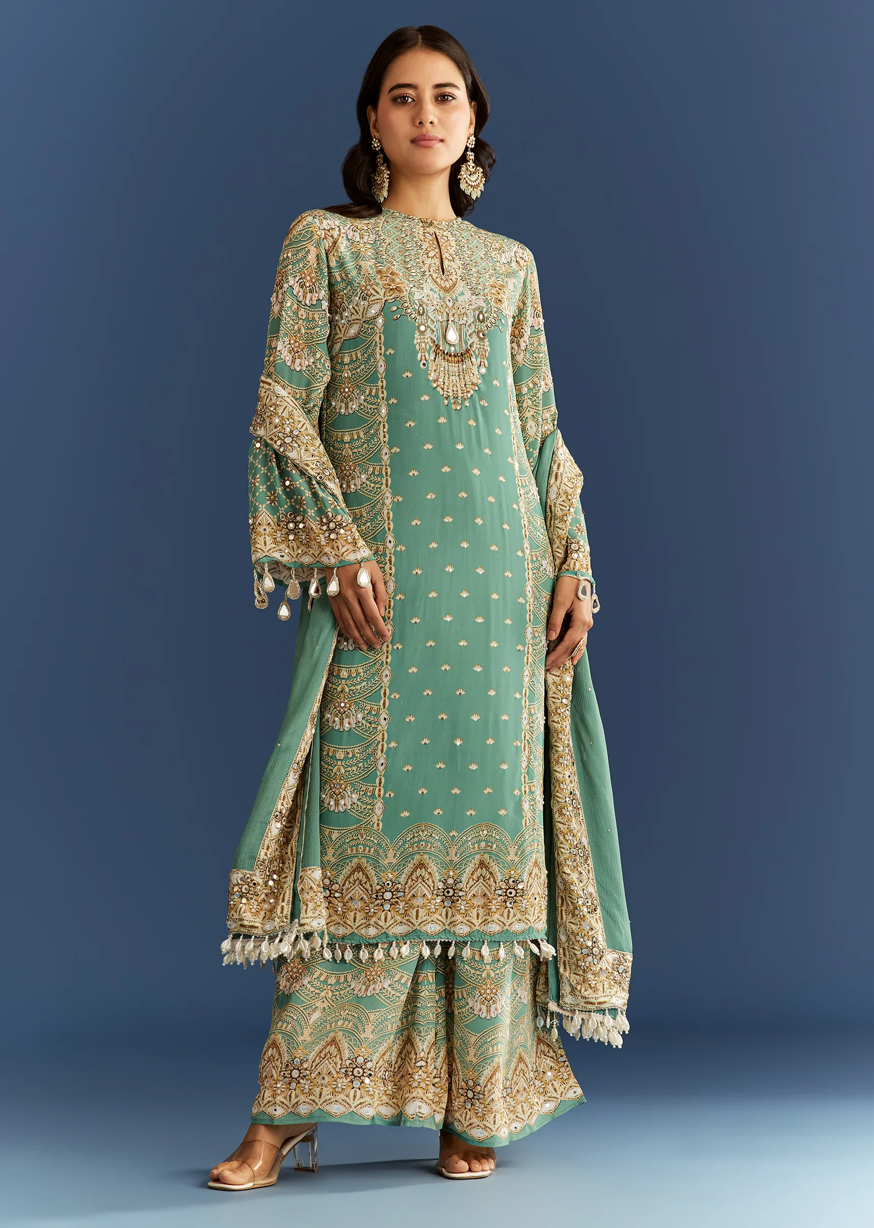 Light Aqua Green Crepe Printed Kurta Palazzo With Dupatta - Image 3