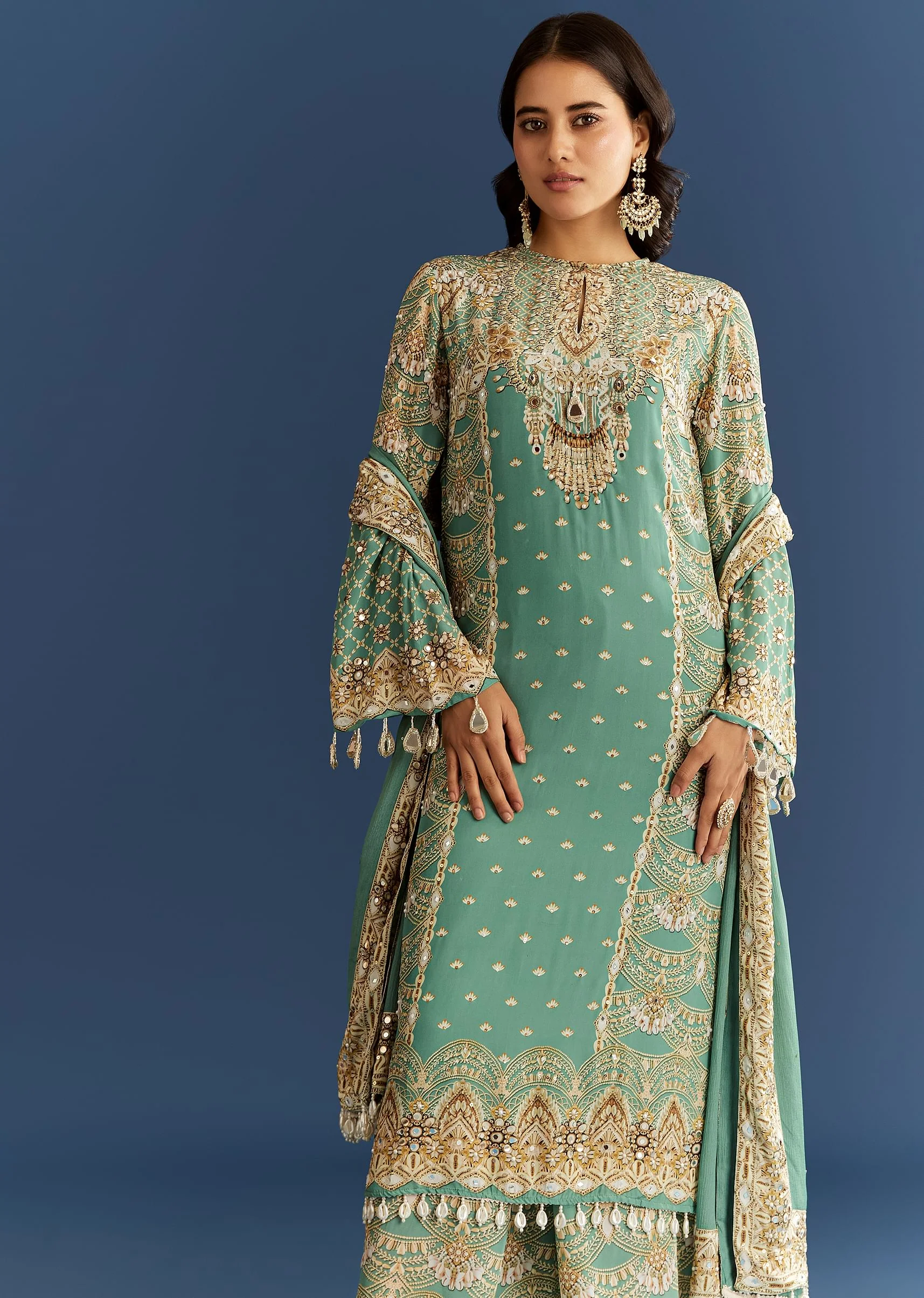 Light Aqua Green Crepe Printed Kurta Palazzo With Dupatta - Image 4