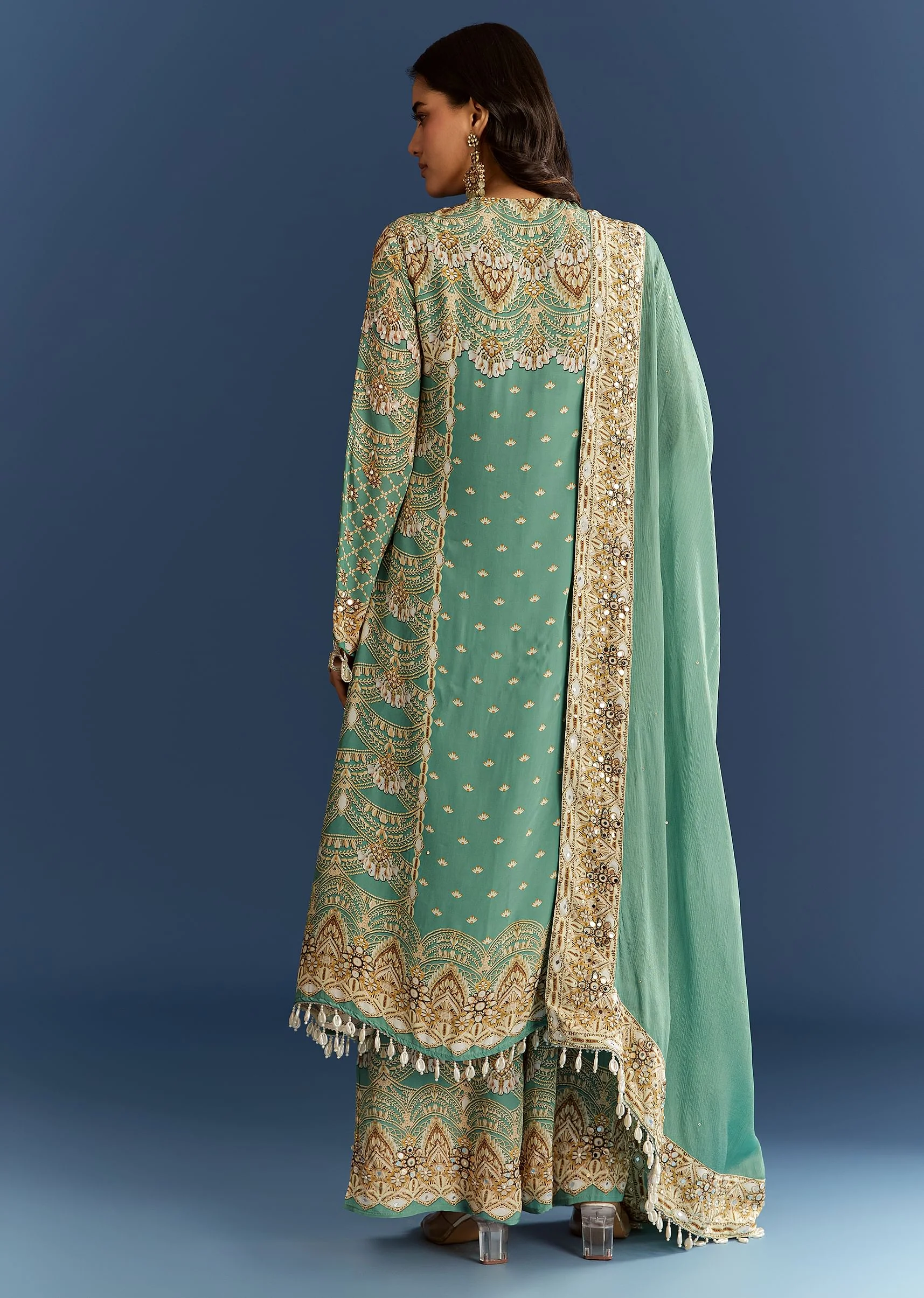Light Aqua Green Crepe Printed Kurta Palazzo With Dupatta - Image 5