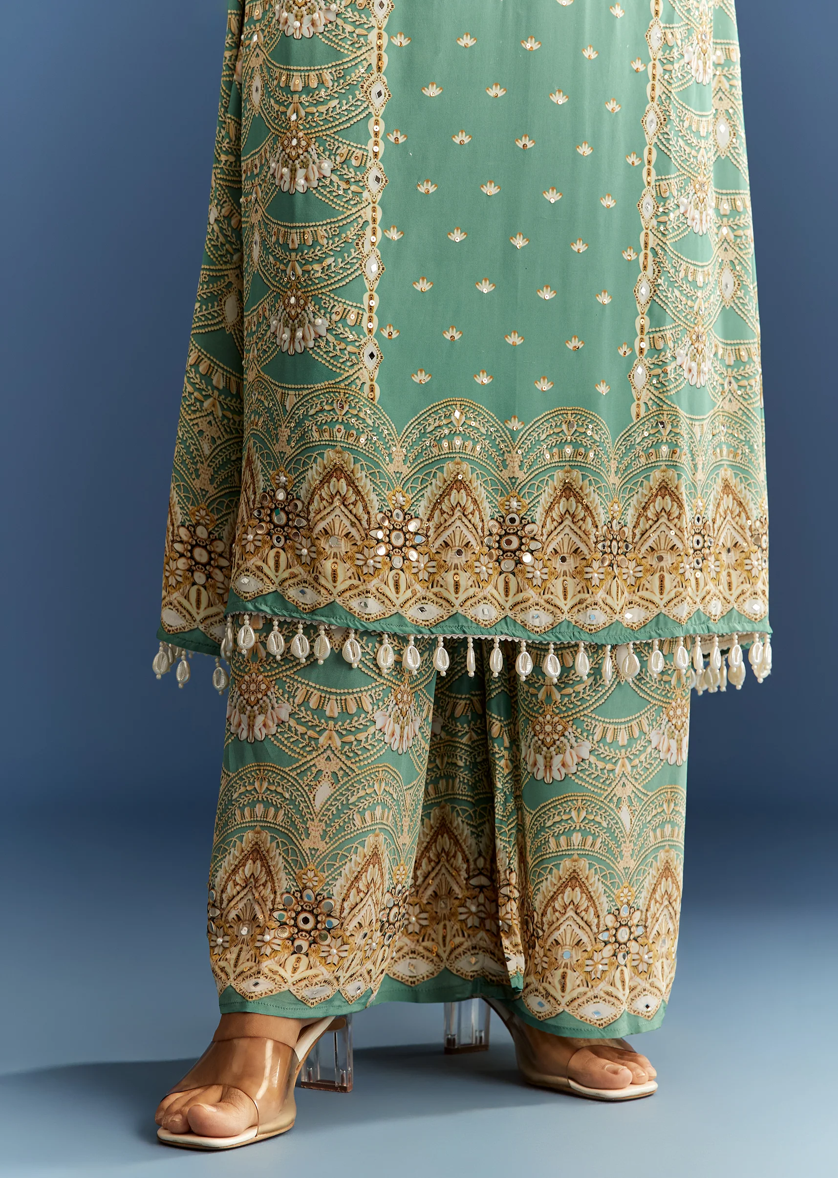 Light Aqua Green Crepe Printed Kurta Palazzo With Dupatta - Image 6
