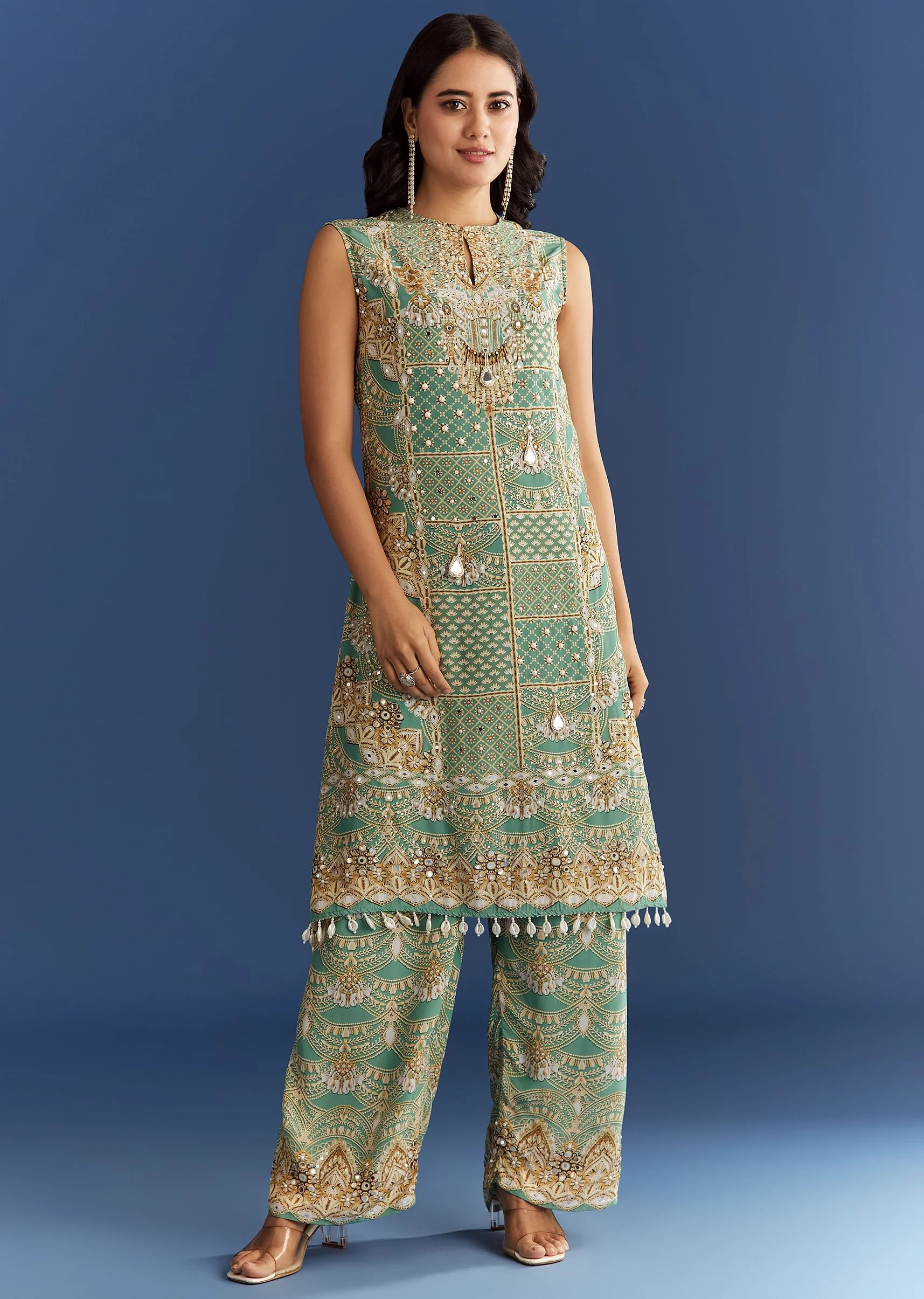 Light Aqua Green Crepe Printed Kurta Pant With Shell Tassels - Image 3