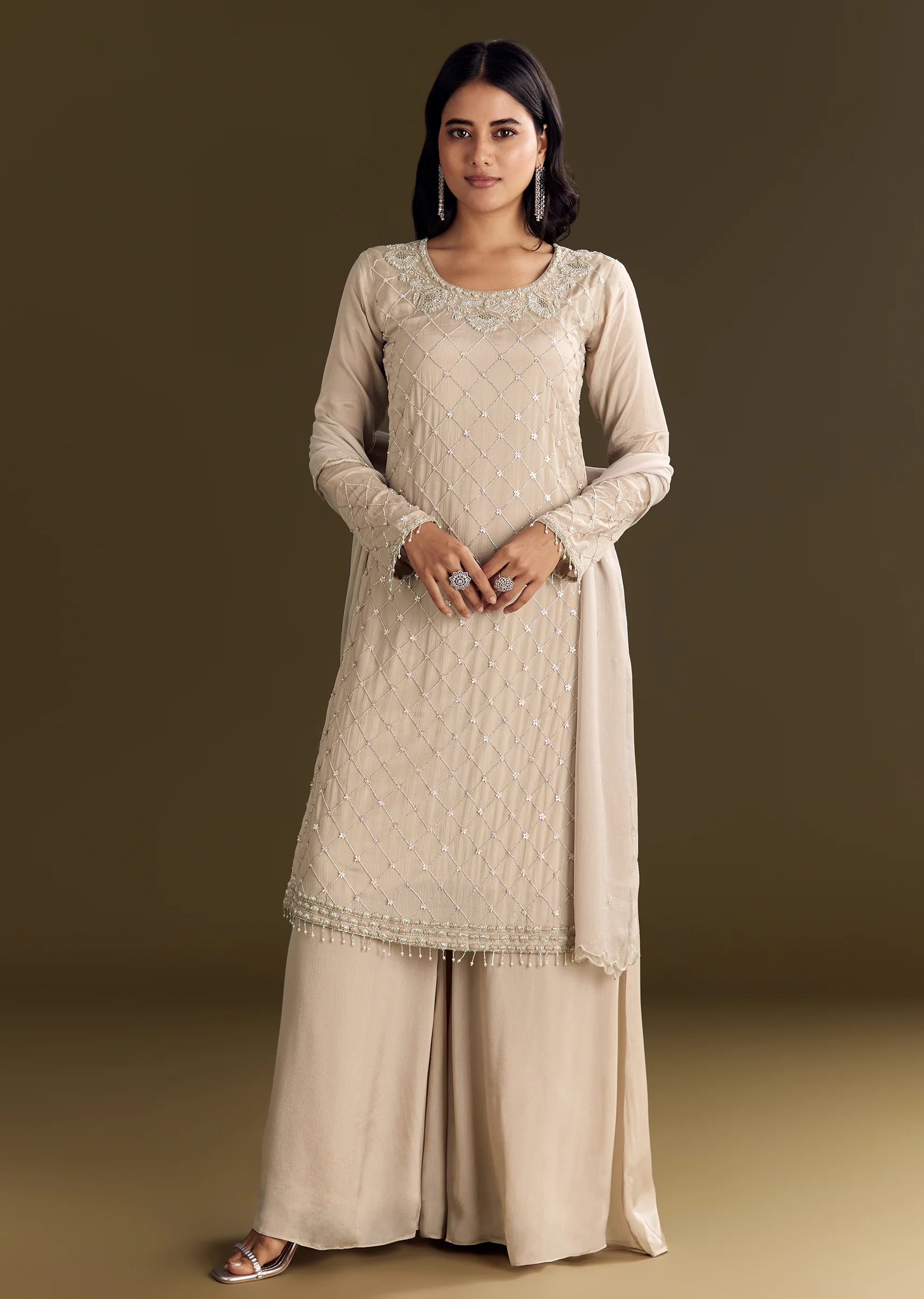 Light Beige Chinon Kurta Palazzo With Scallop Cutdana Dupatta - Image 4