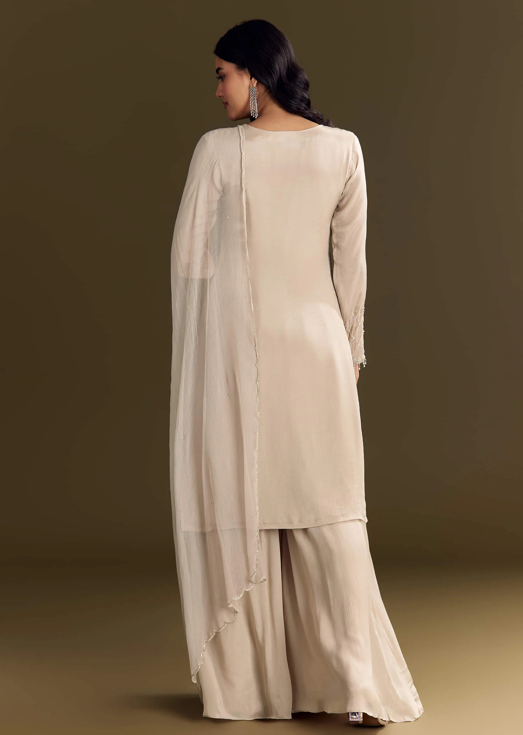 Light Beige Chinon Kurta Palazzo With Scallop Cutdana Dupatta - Image 5