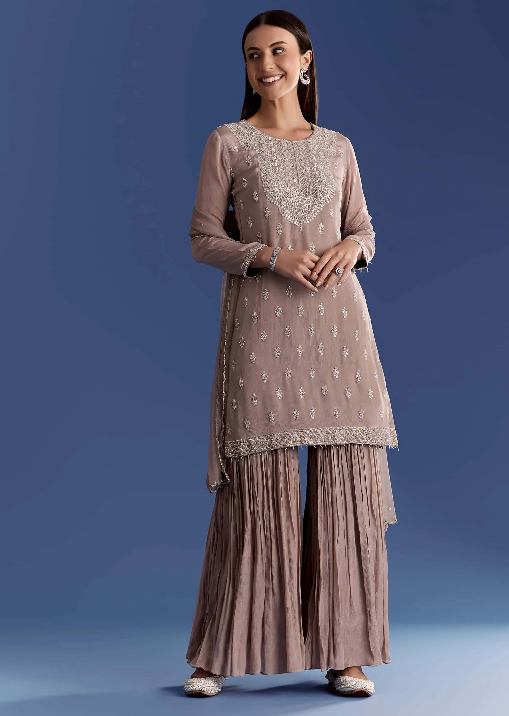 Light Beige Chinon Kurta Set With Cutdana And Sequins Dupatta - Image 2