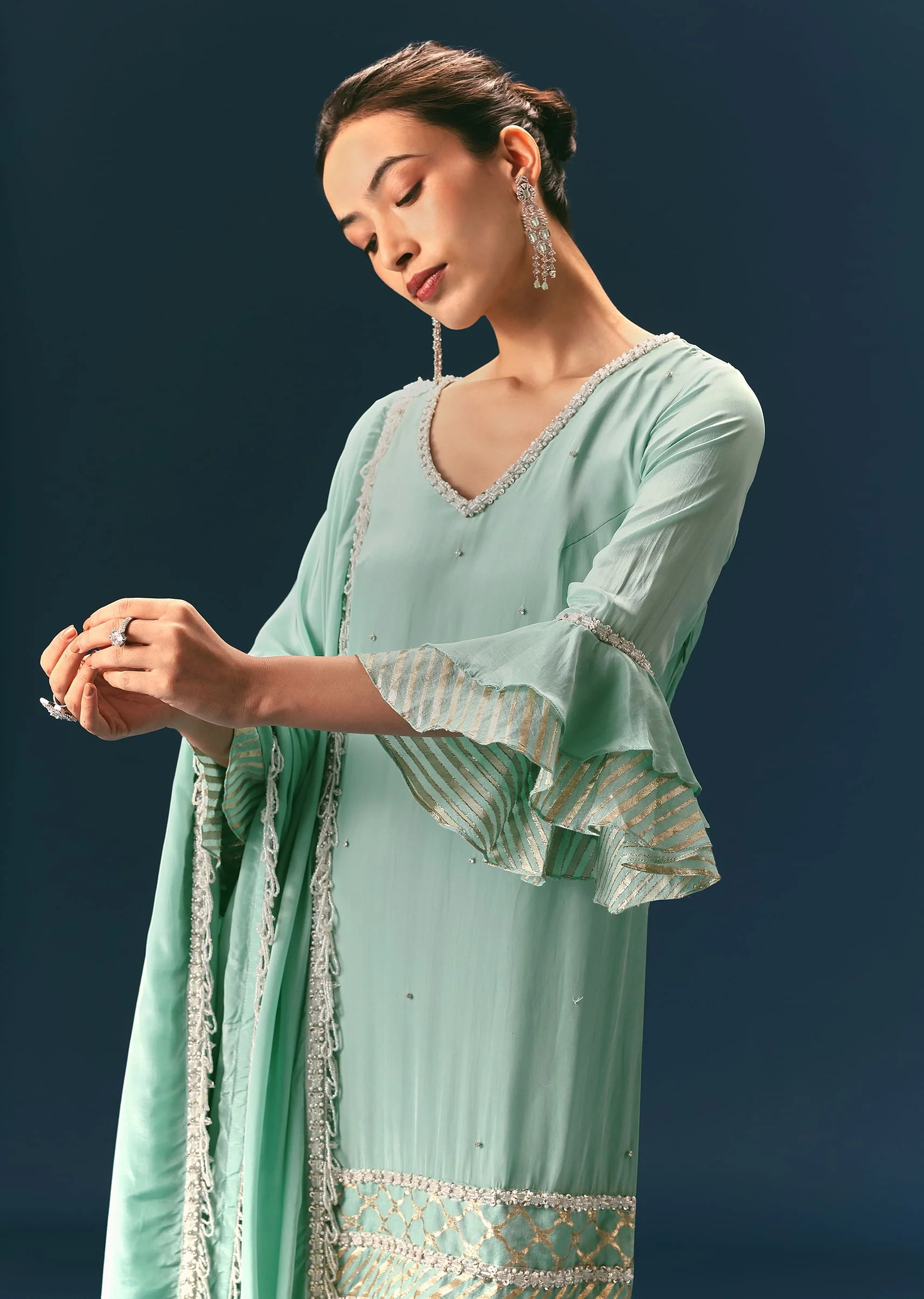 Light Blue Frill Sharara Suit With Tassel Dupatta - Image 2