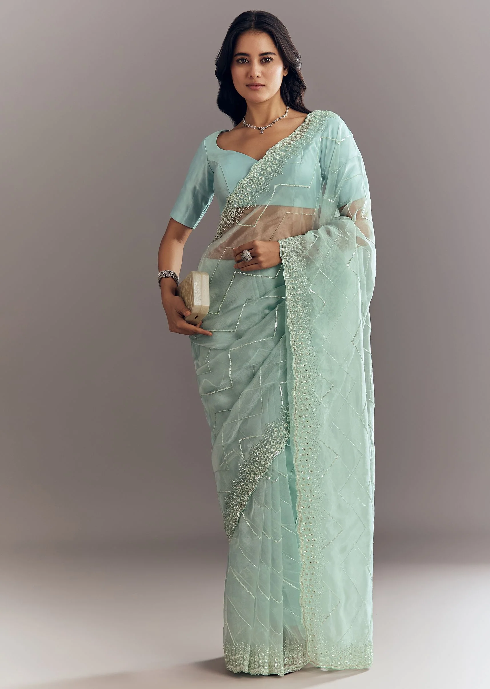 Light Blue Glass Tissue Saree With Stone Embroidery And Scallop Border - Image 3