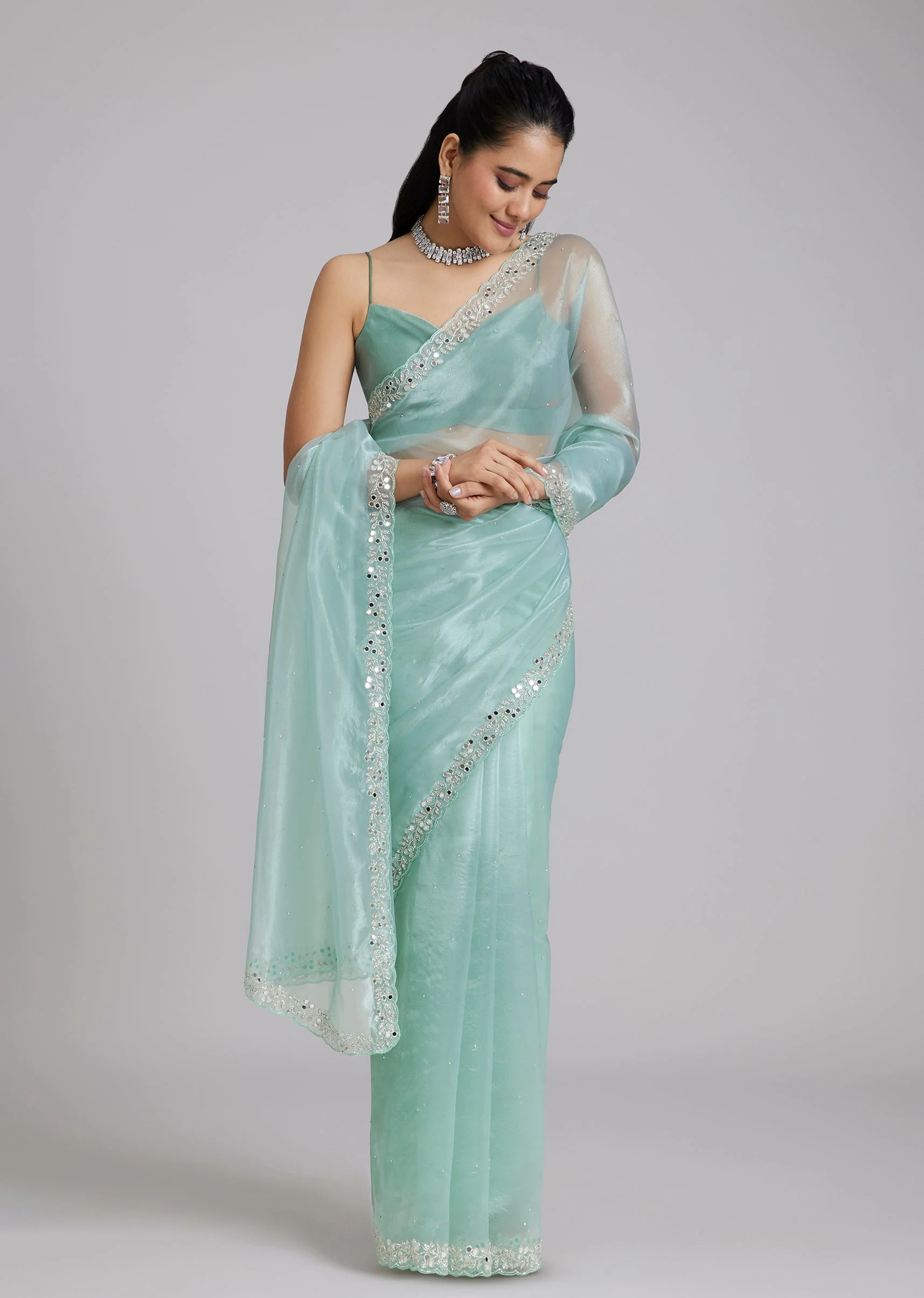 Light Blue Tissue Saree Wirh Mirror Cutdana And Stone Work - Image 3