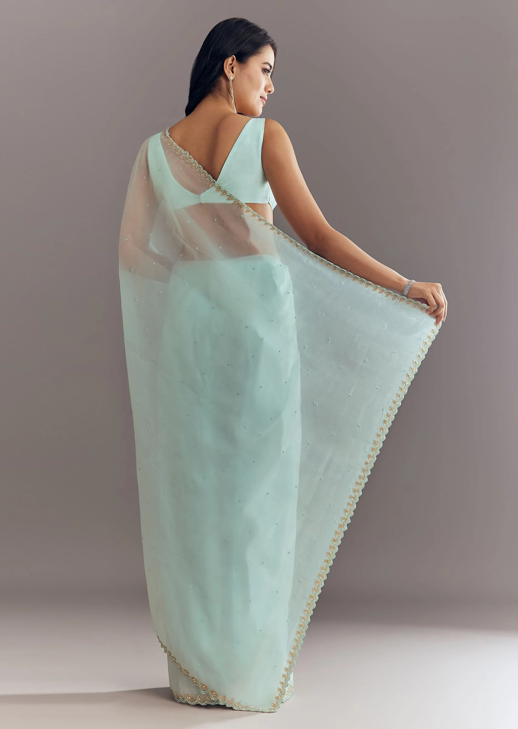 Light Blue Tissue Saree With Cutdana And Beads Embroidery And Cutwork Scallop Border - Image 6