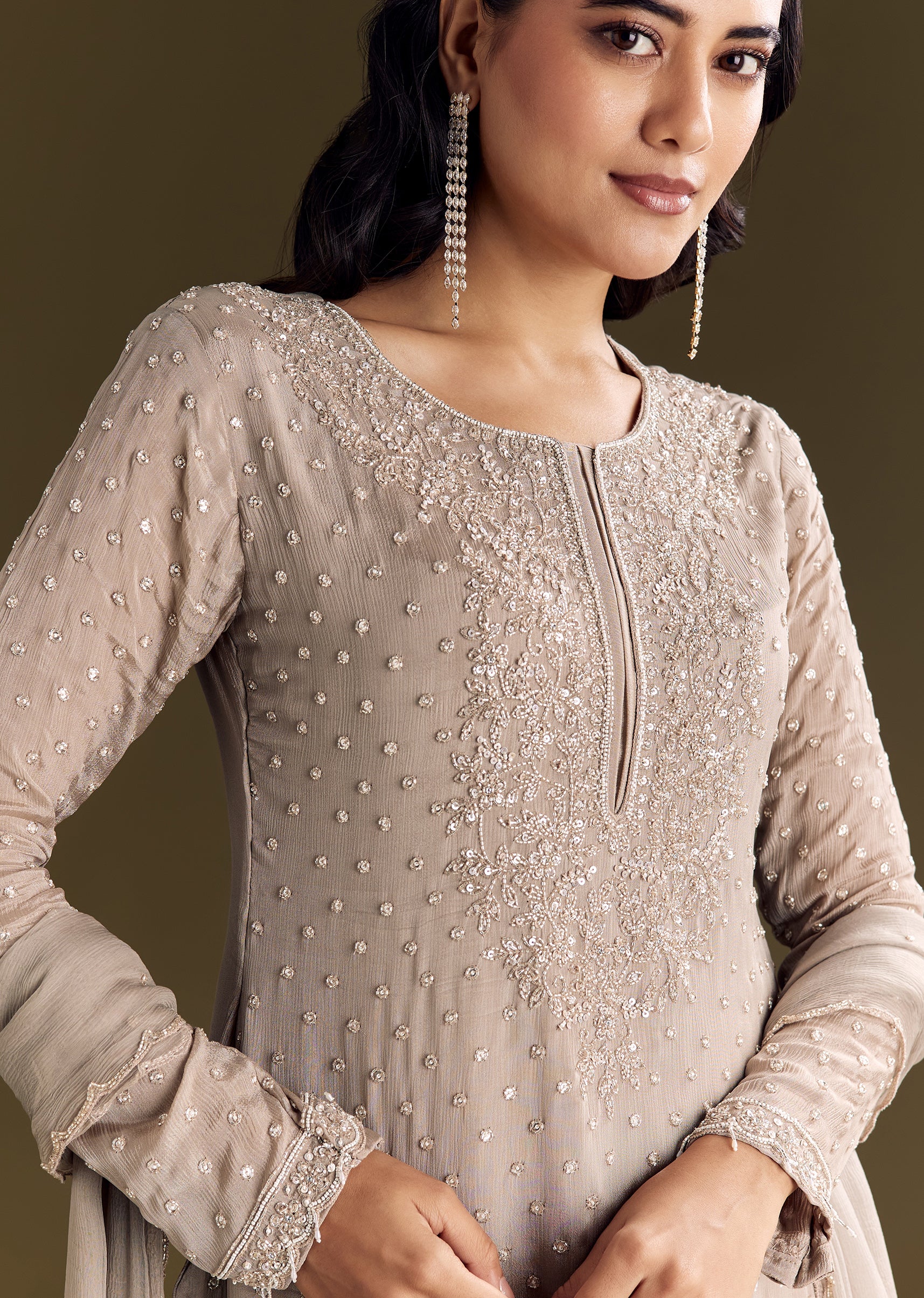 Light Brown Kurta Set With Sequins Palazzo And Dupatta - Image 3