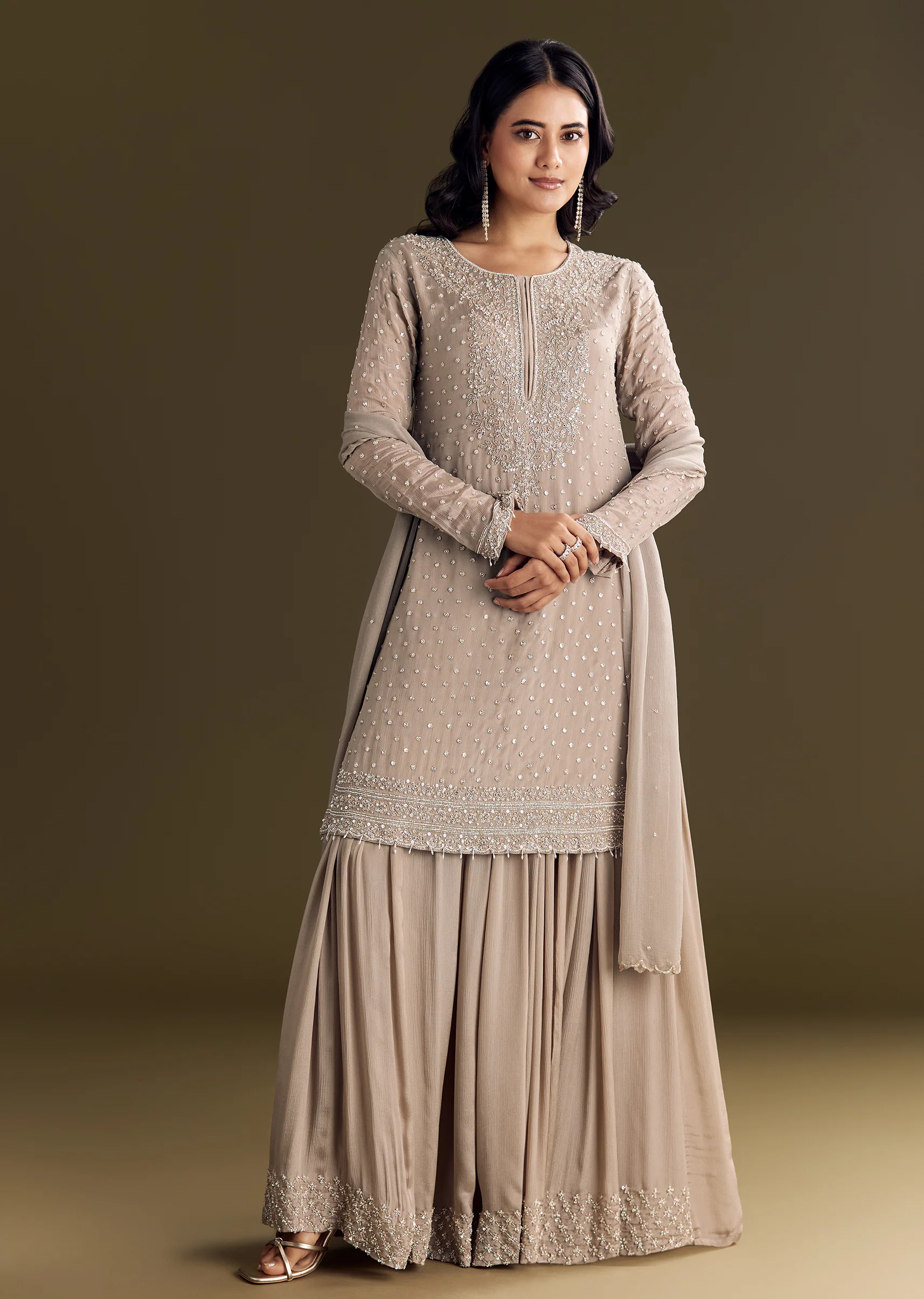 Light Brown Kurta Set With Sequins Palazzo And Dupatta - Image 4