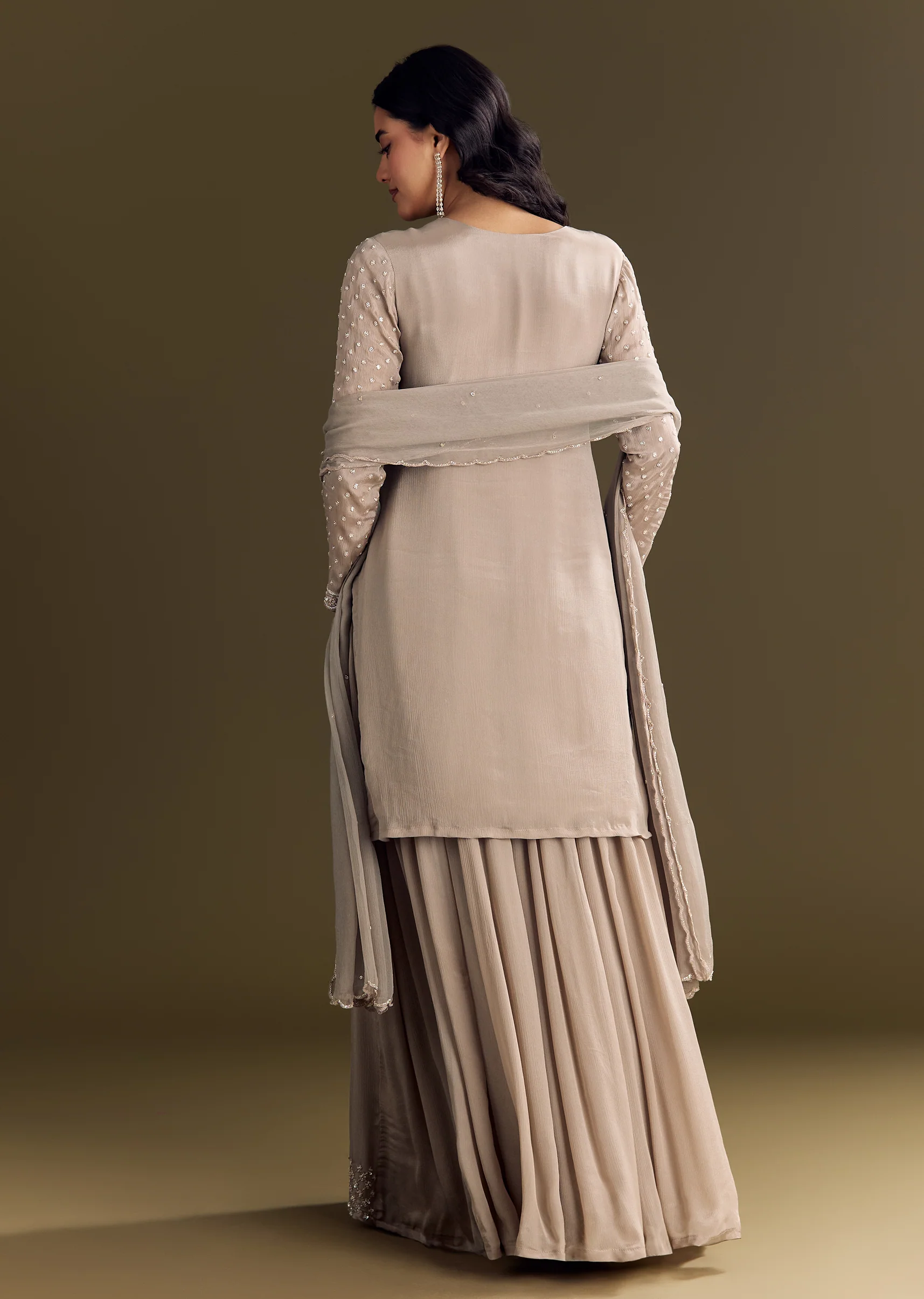 Light Brown Kurta Set With Sequins Palazzo And Dupatta - Image 5