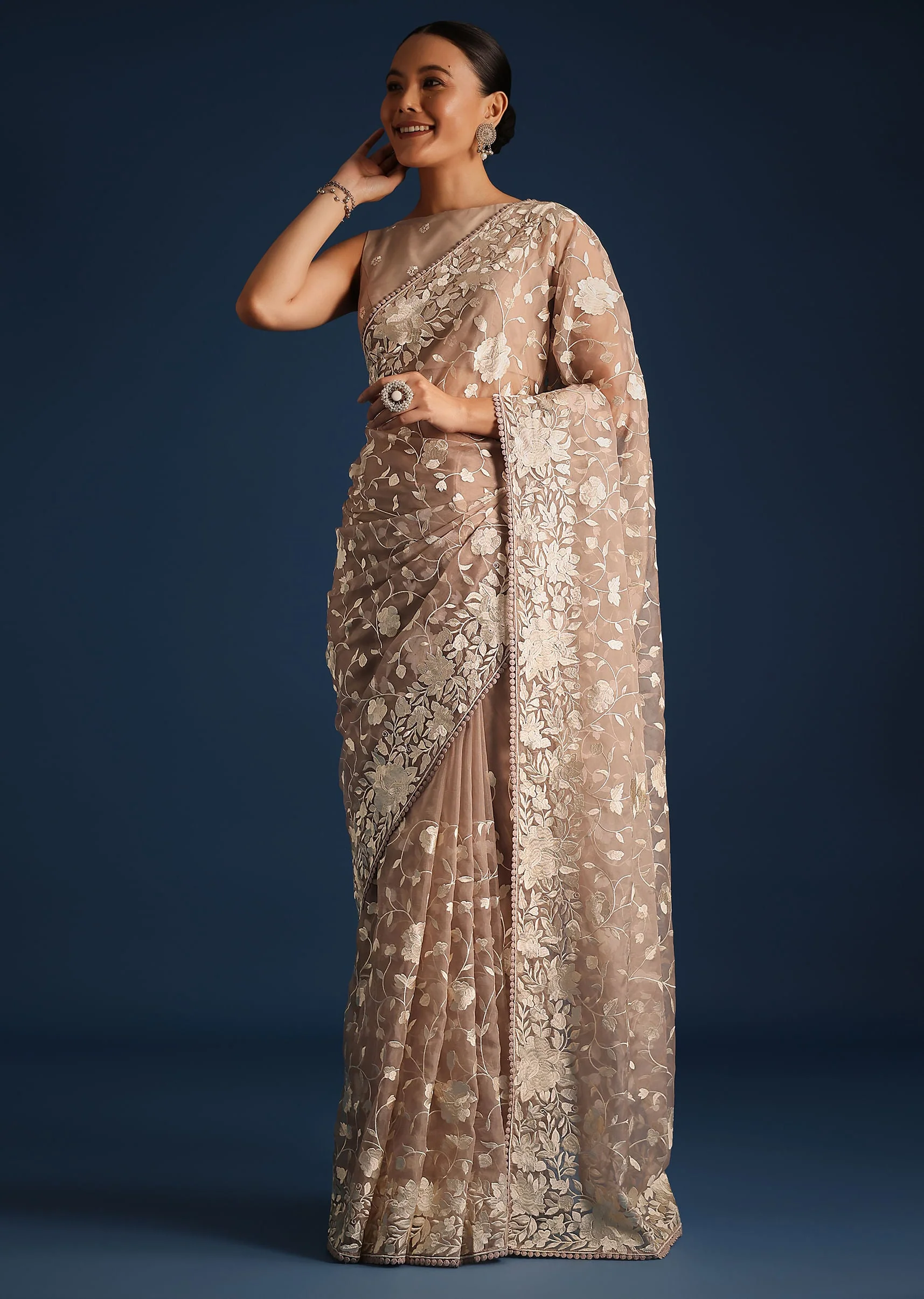 Light Brown Organza Resham Thread Embroidered Saree - Image 3