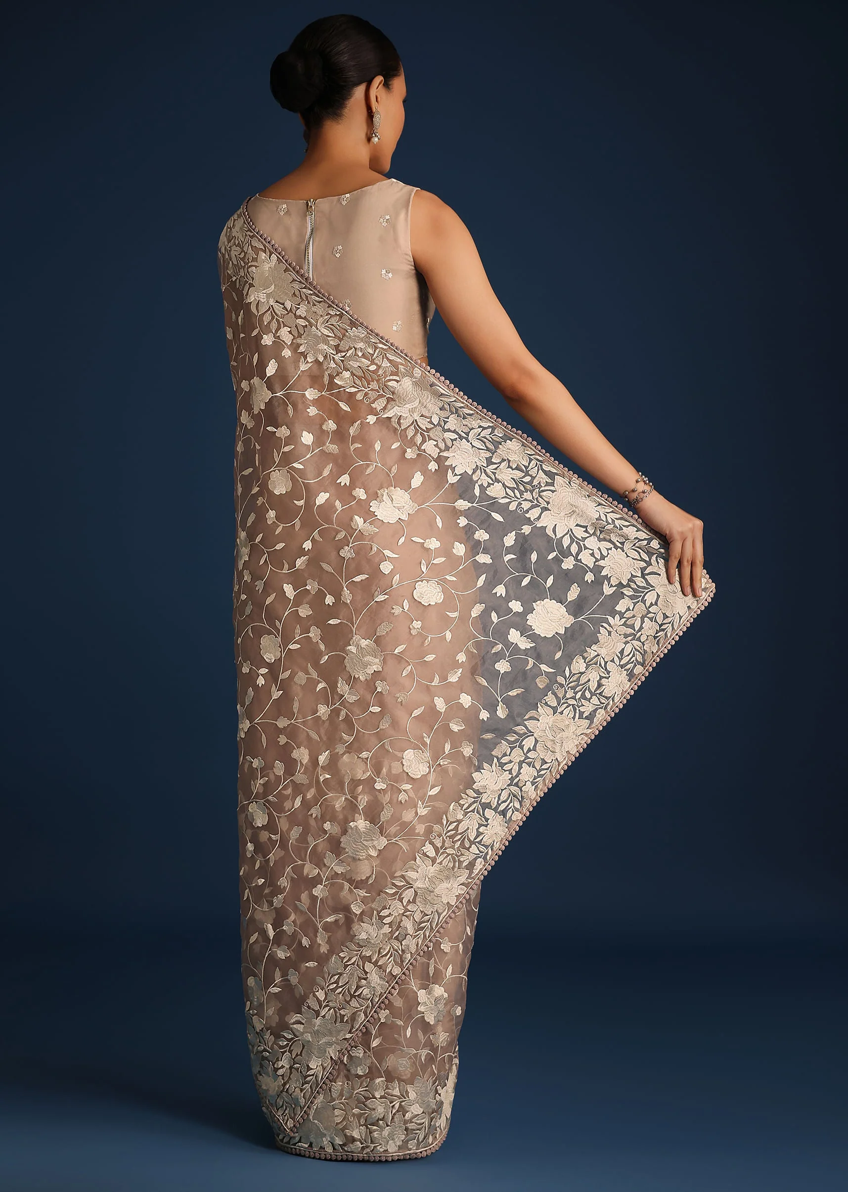 Light Brown Organza Resham Thread Embroidered Saree - Image 6