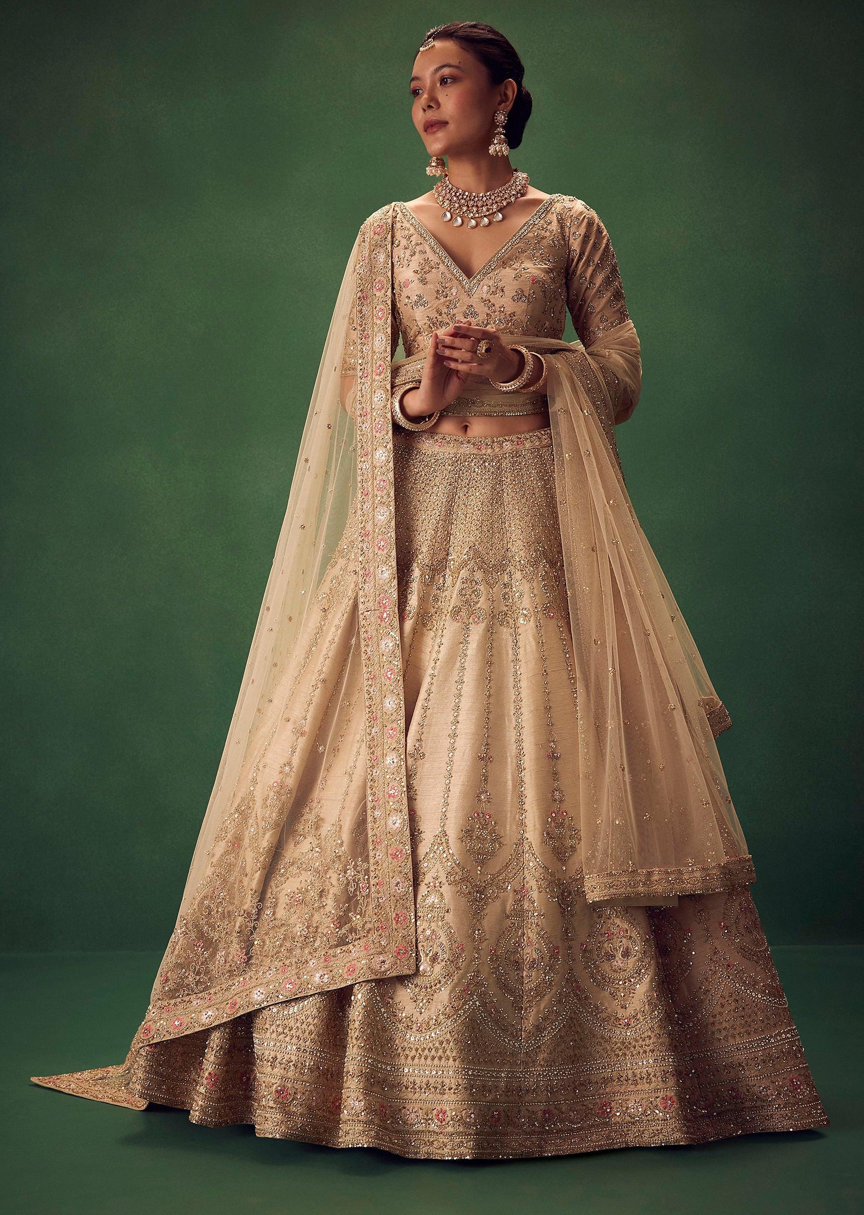 Light Gold Hand Embroidered Lehenga Set - Image 3