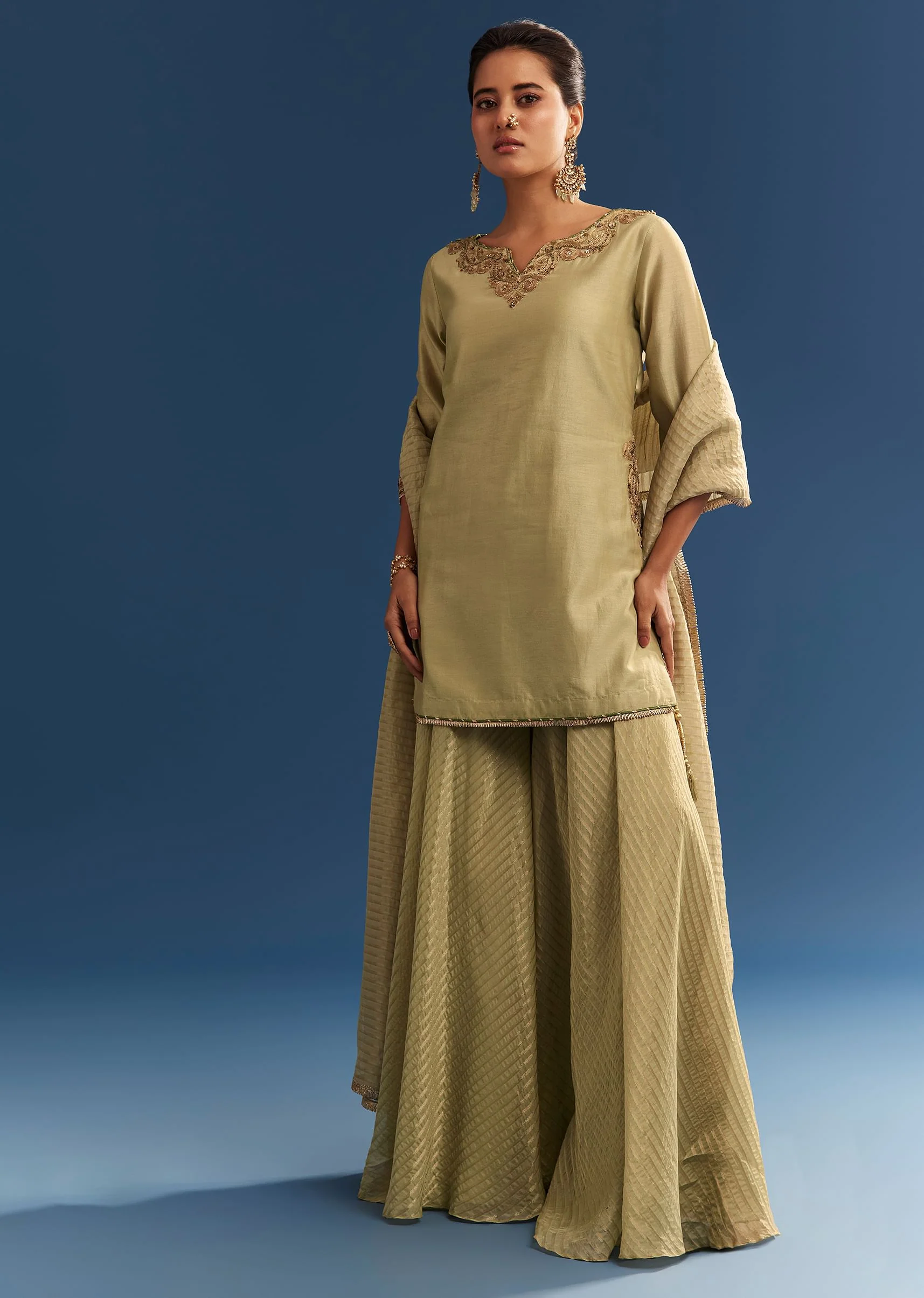 Light Green Chanderi Kurta Palazzo Set With Organza Dupatta - Image 3