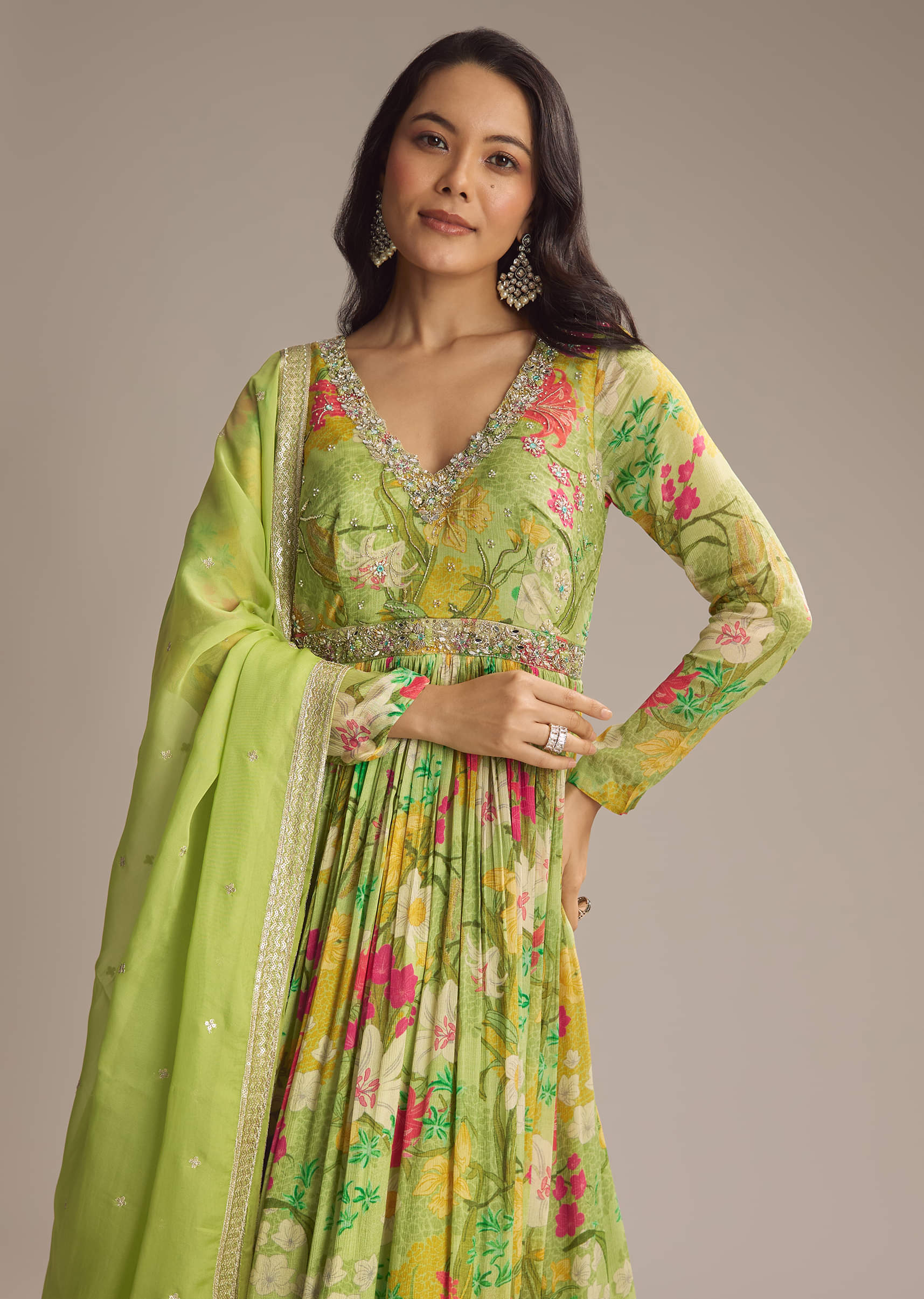 Light Green Chinon Anarkali Suit With Floral Print - Image 4