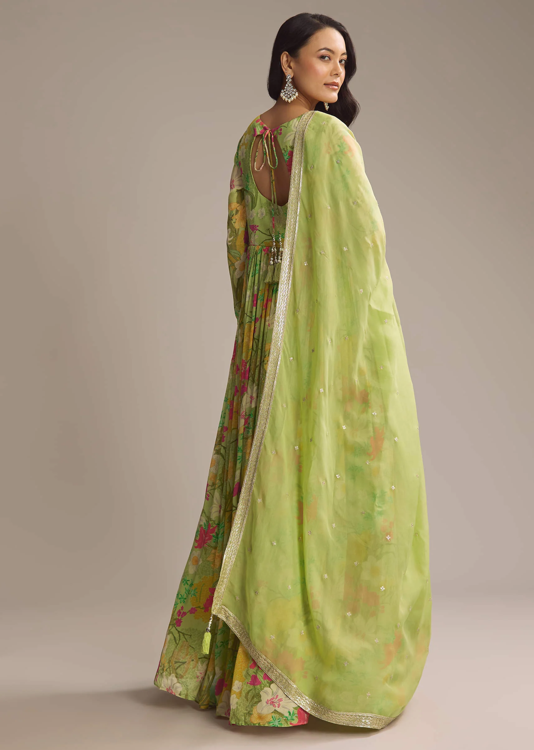Light Green Chinon Anarkali Suit With Floral Print - Image 5