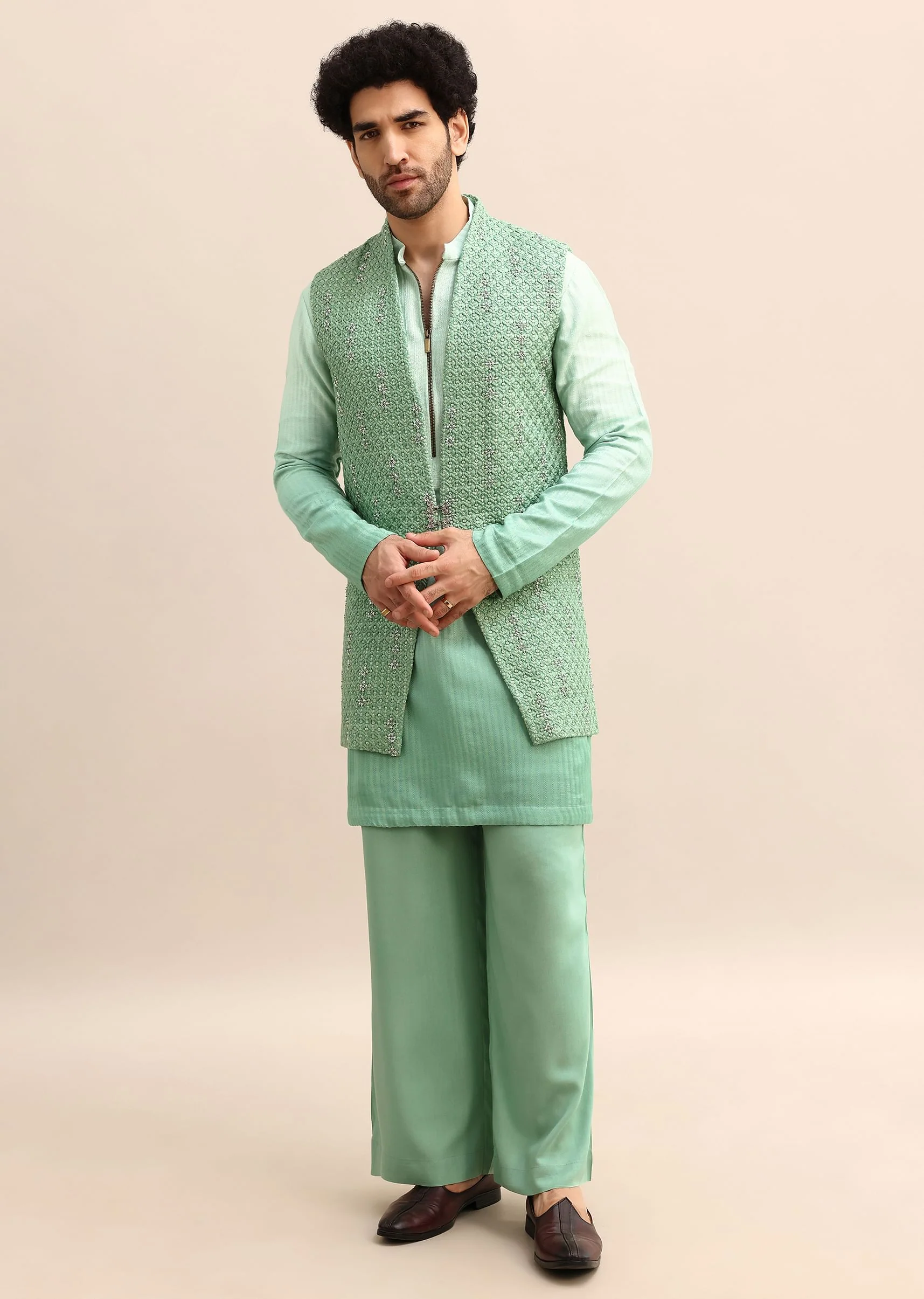 Light Green Hand Embroidered Silk Kurta Jacket Set - Image 2