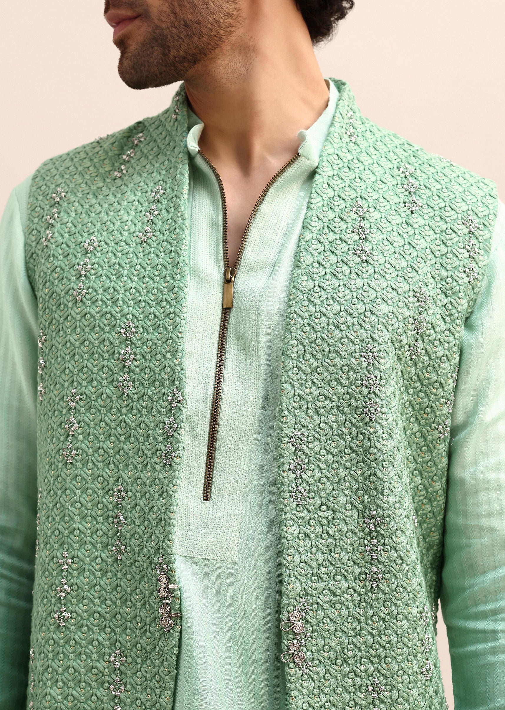 Light Green Hand Embroidered Silk Kurta Jacket Set - Image 3