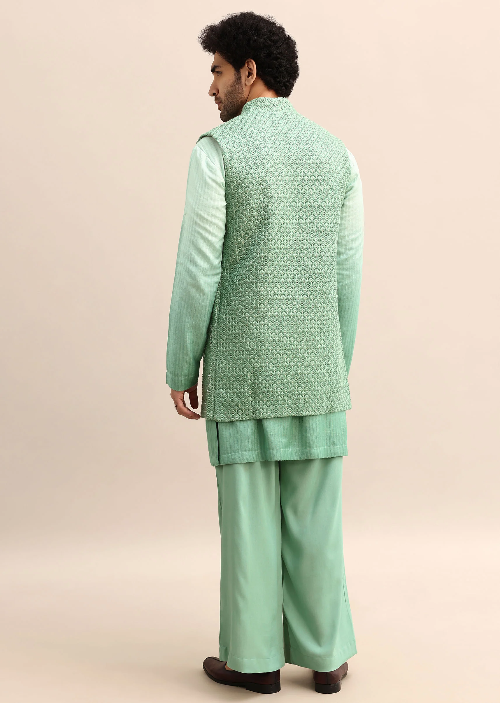 Light Green Hand Embroidered Silk Kurta Jacket Set - Image 5