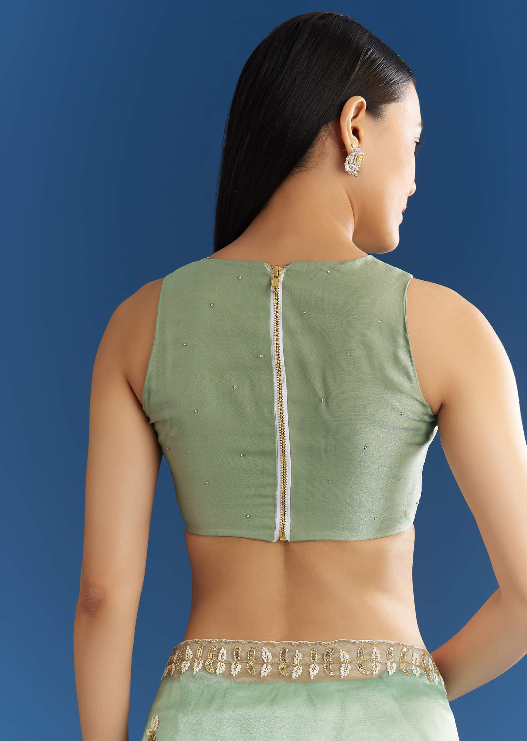 Light Green Organza Tissue Saree With Beaded Scallop Edge - Image 8