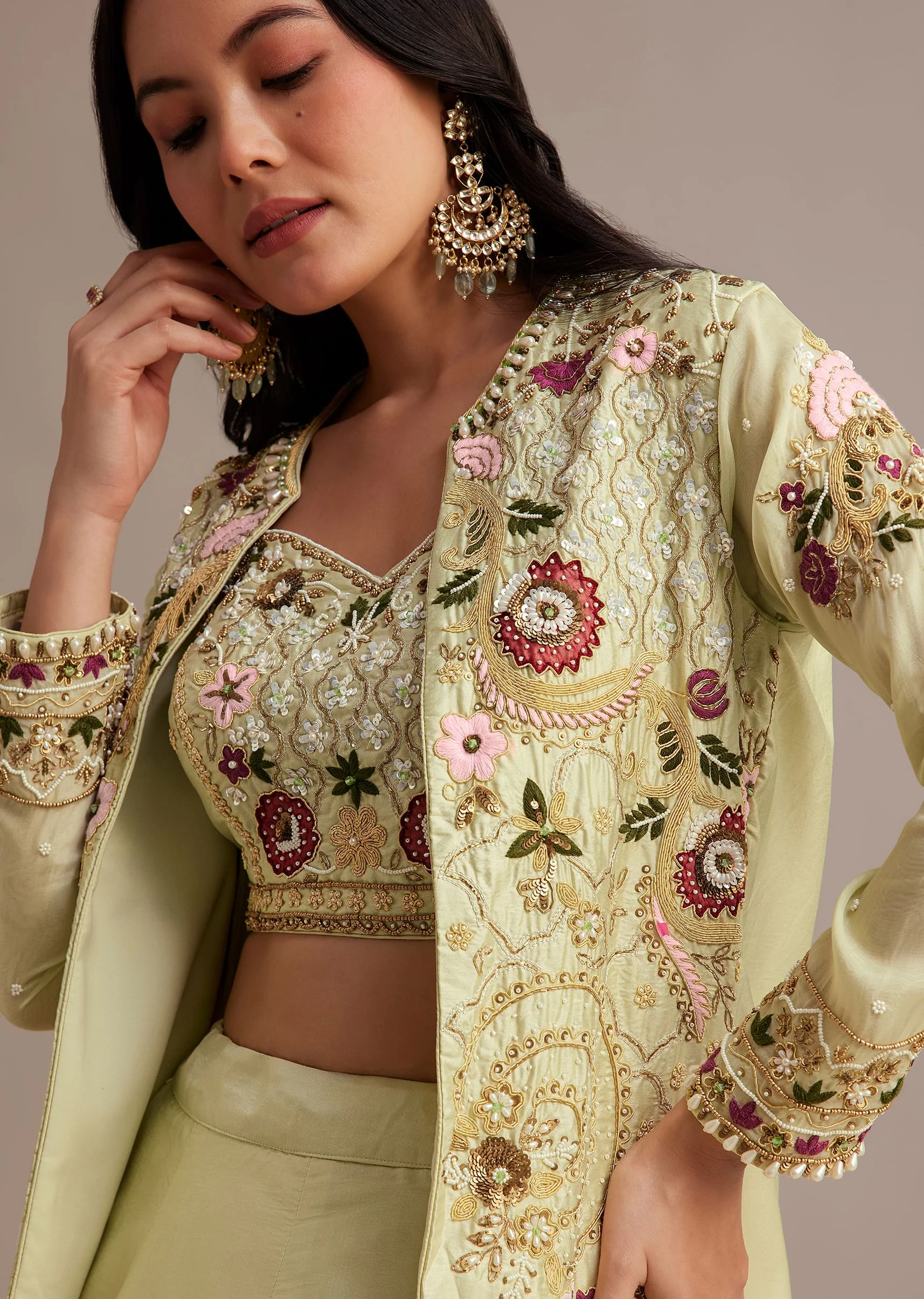 Light Green Silk Jacket Lehenga Set With Thread And Moti Work - Image 2