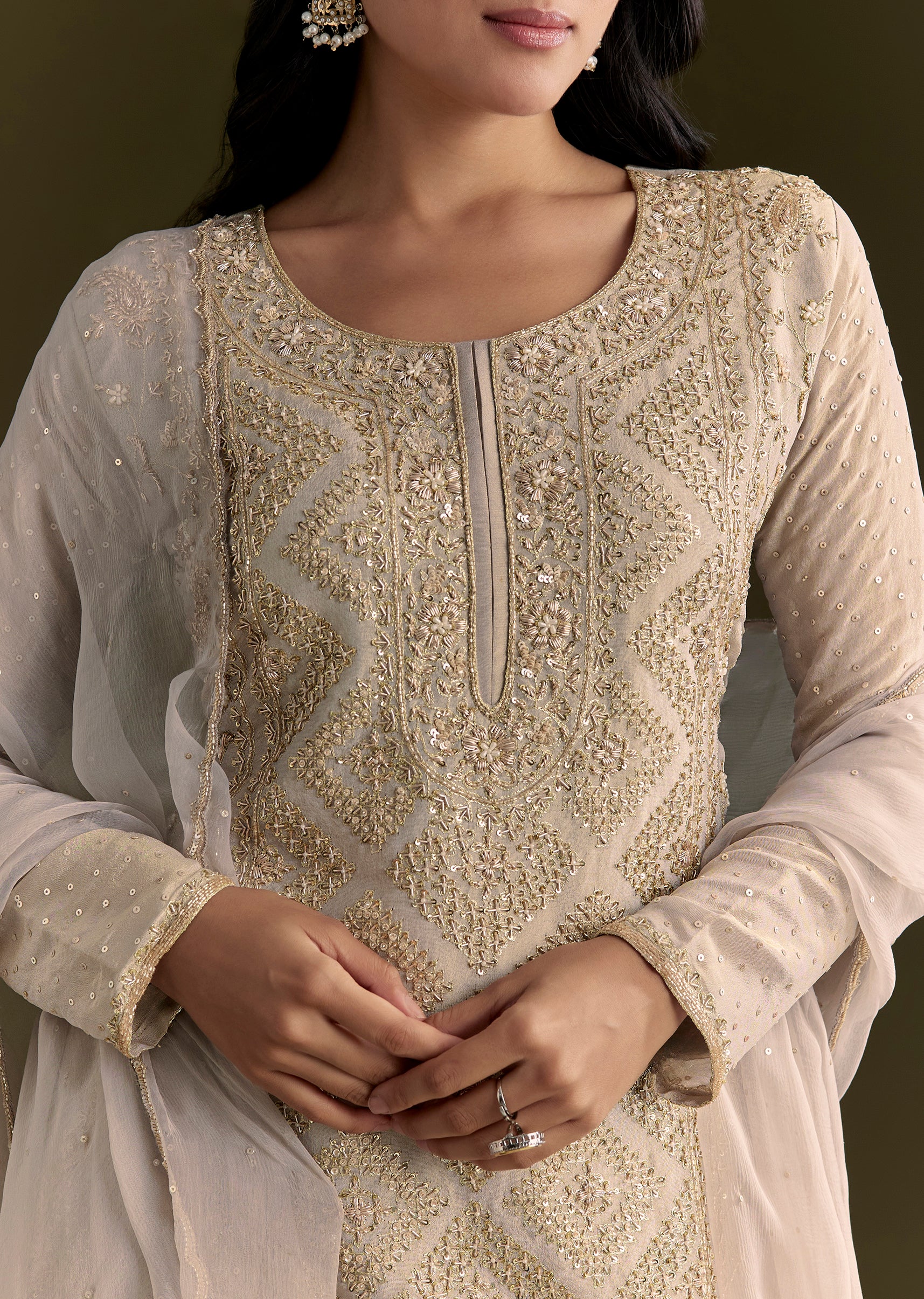 Light Grey Cutdana Zardosi Embroidered Kurta With Scallop Border Dupatta - Image 2