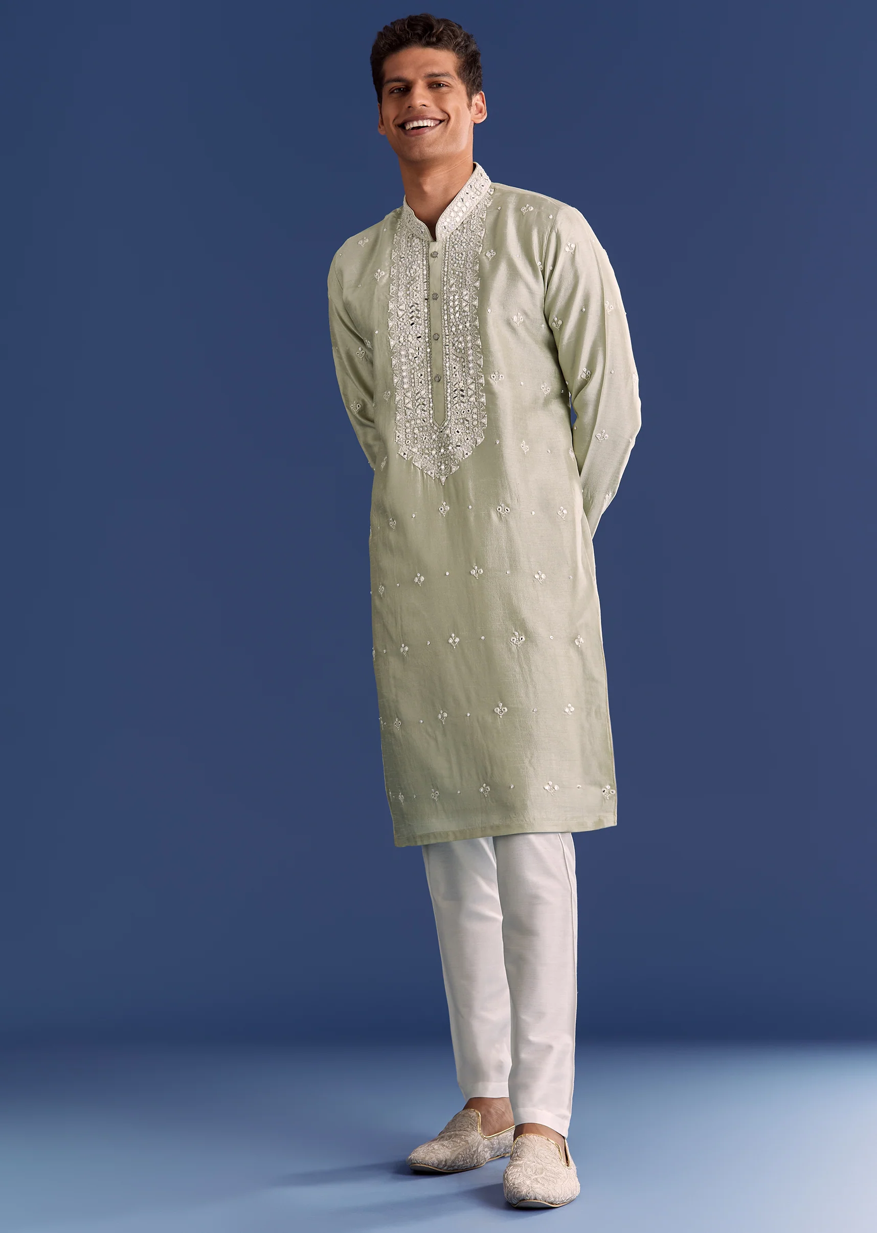 Light Grey Raw Silk Kurta Set With Embroidery - Image 3
