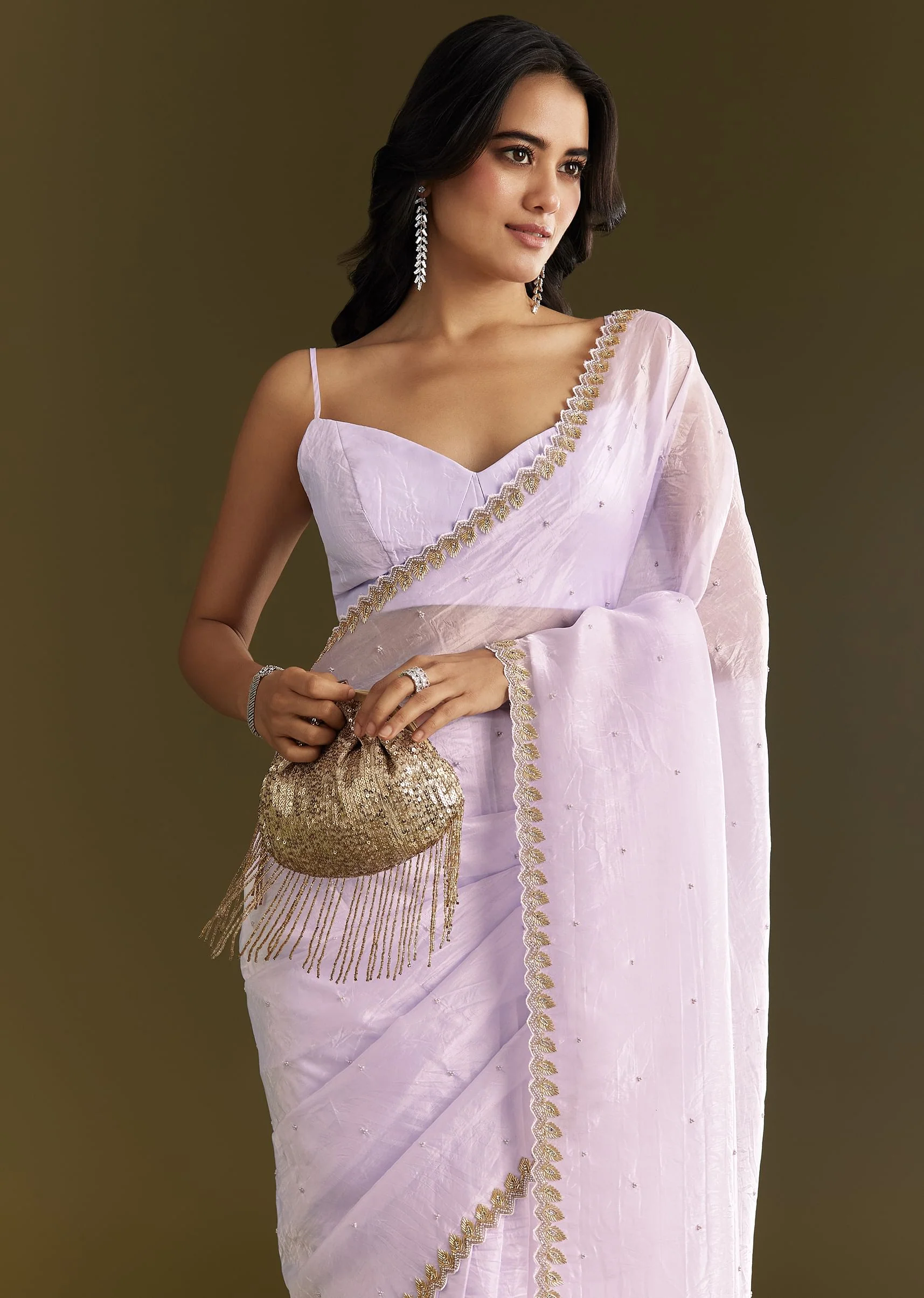 Light Lavender Tissue Saree With Cutdana Beads Embroidery And Scallop Border - Image 5