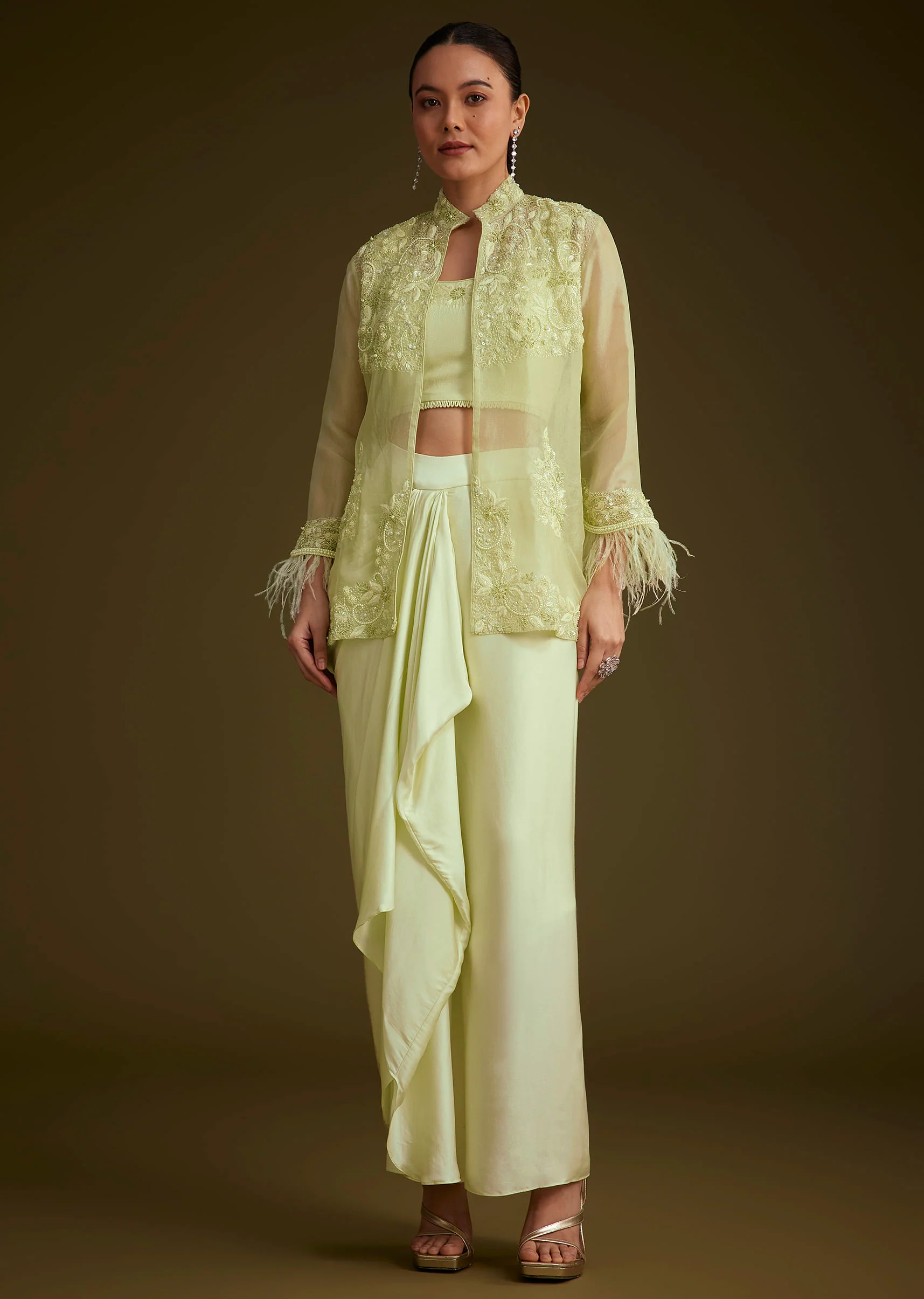Light Lime Green Embroidered Crop Top And Jacket Set - Image 3