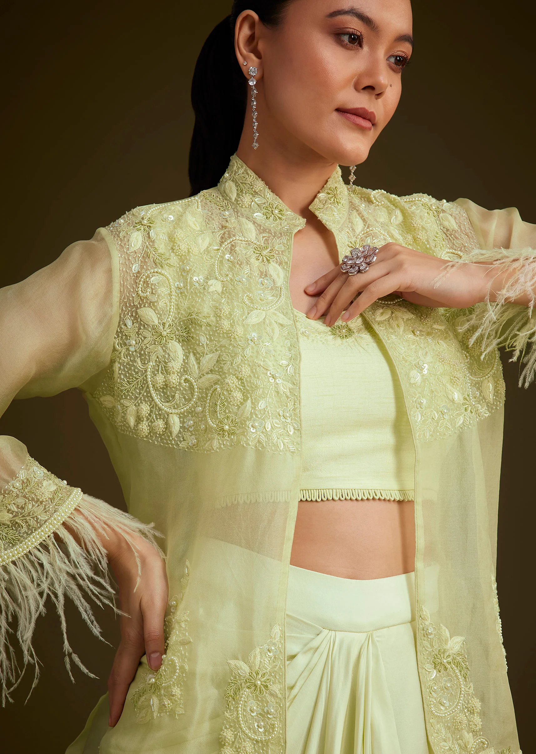 Light Lime Green Embroidered Crop Top And Jacket Set - Image 4