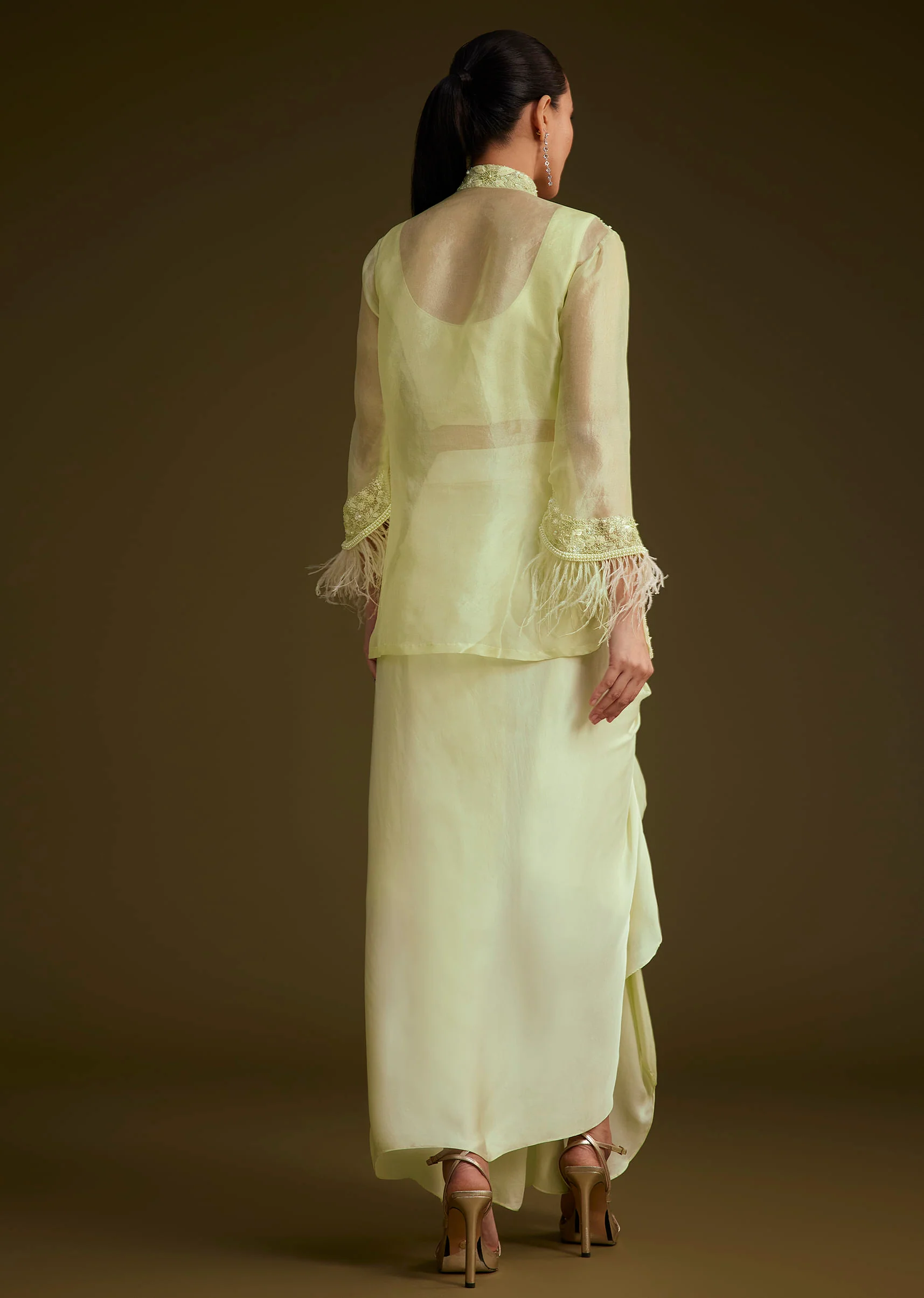 Light Lime Green Embroidered Crop Top And Jacket Set - Image 5