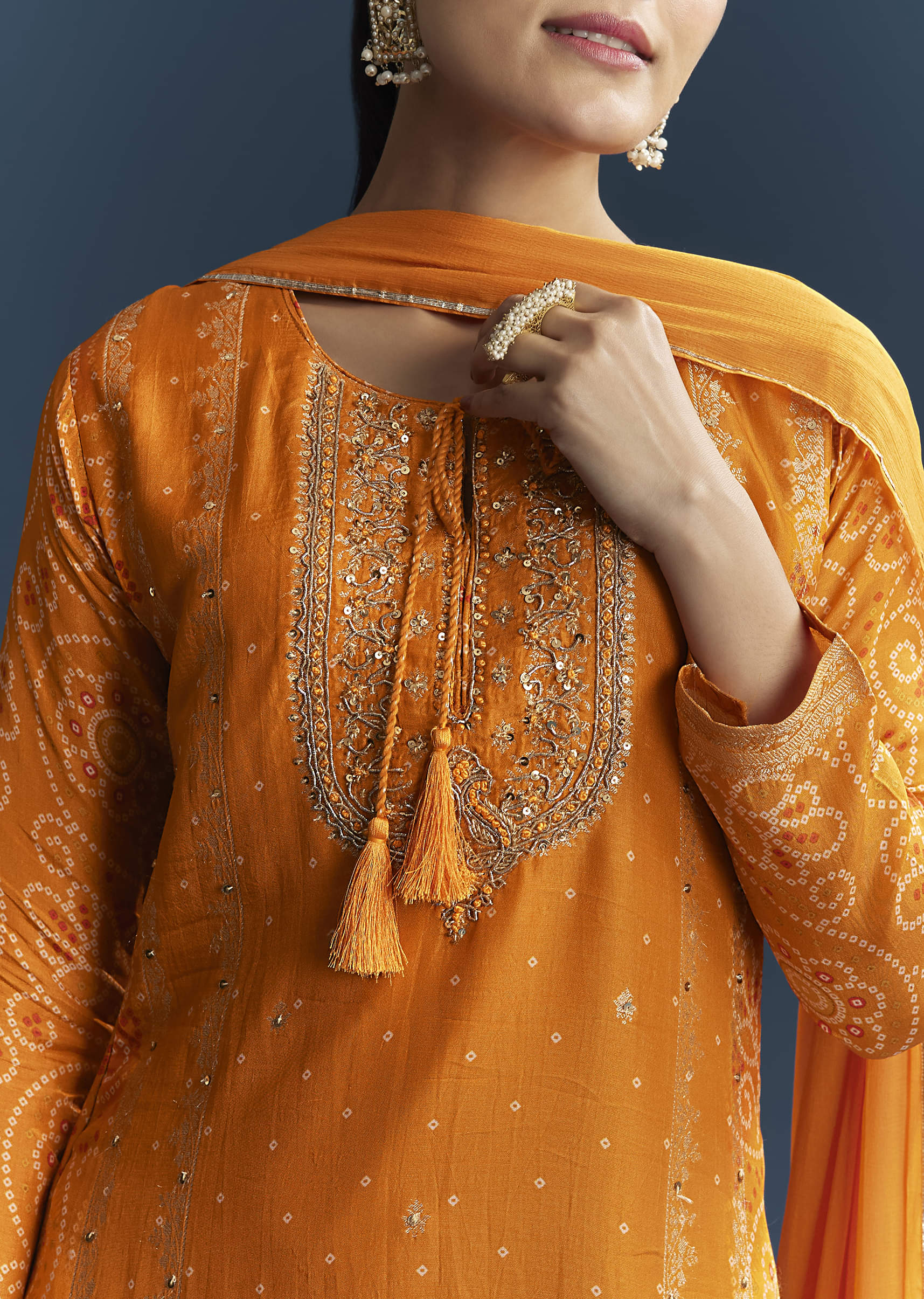 Light Orange Silk Bandhani Palazzo Suit With Embroidery - Image 2