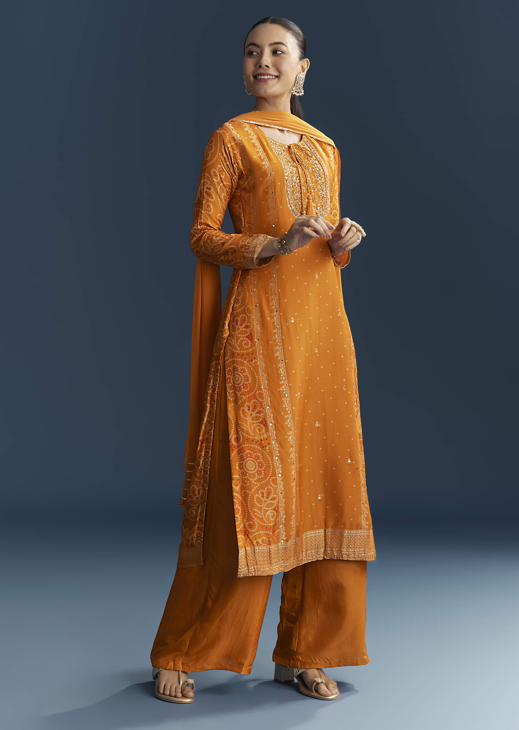 Light Orange Silk Bandhani Palazzo Suit With Embroidery - Image 3