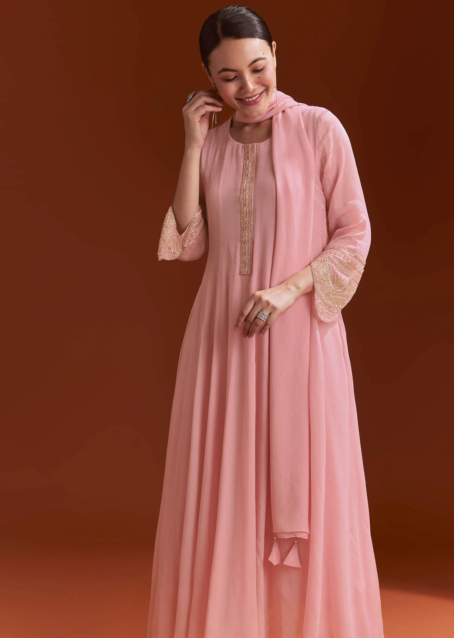 Light Pink Chinon Anarkali Suit With Cut Dana And Beads Work