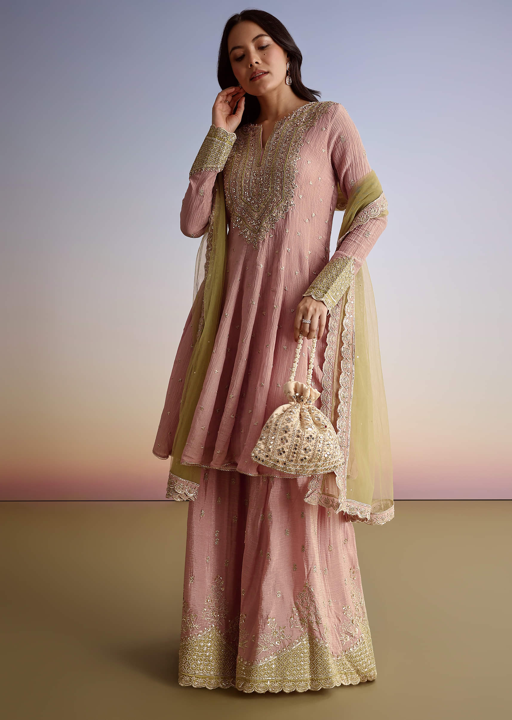 Light Pink Crush Tissue Sharara Suit With Zari Sequins - Image 3