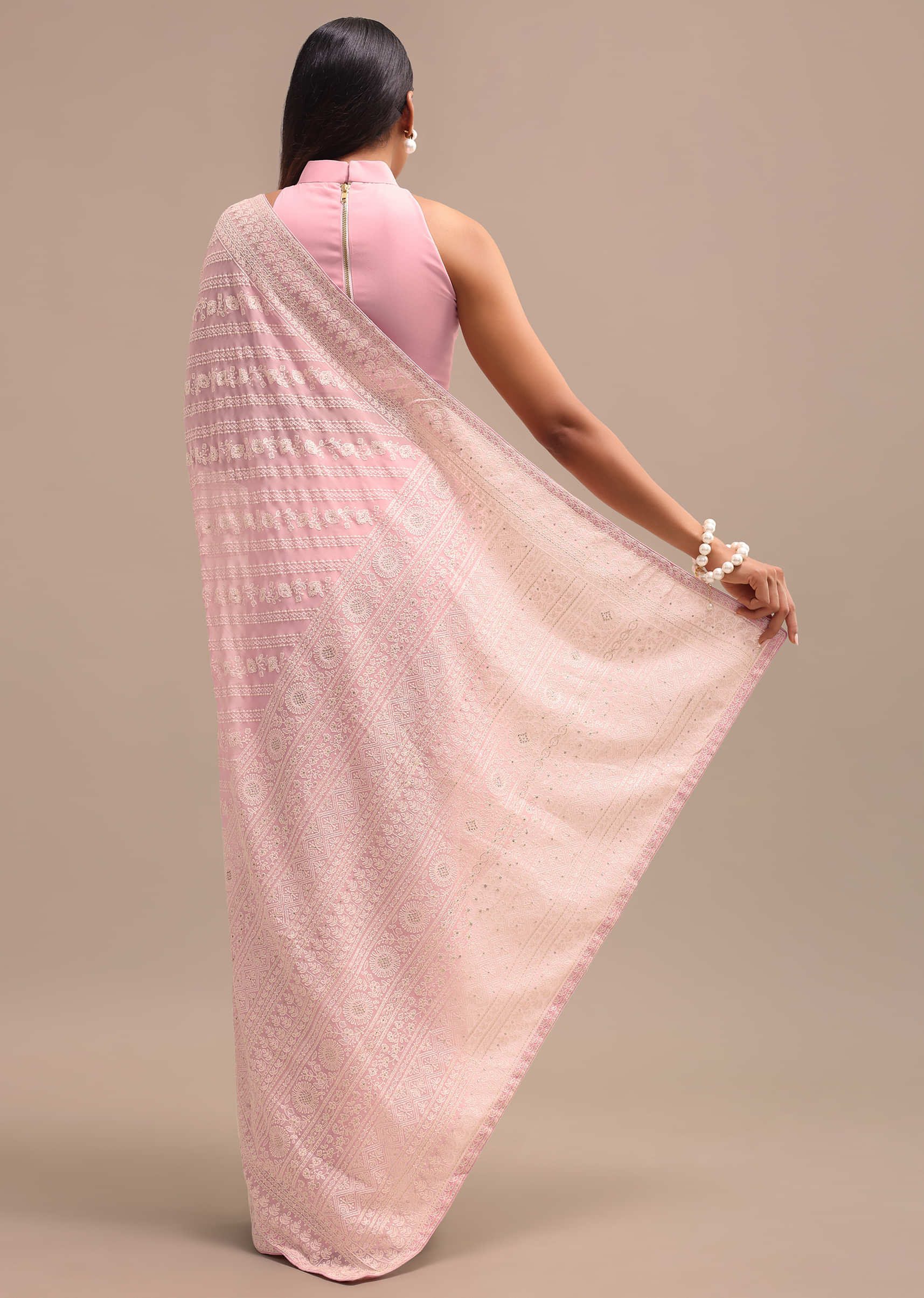 Light Pink Georgette Chikankari Saree With Unstitched Blouse - Image 6
