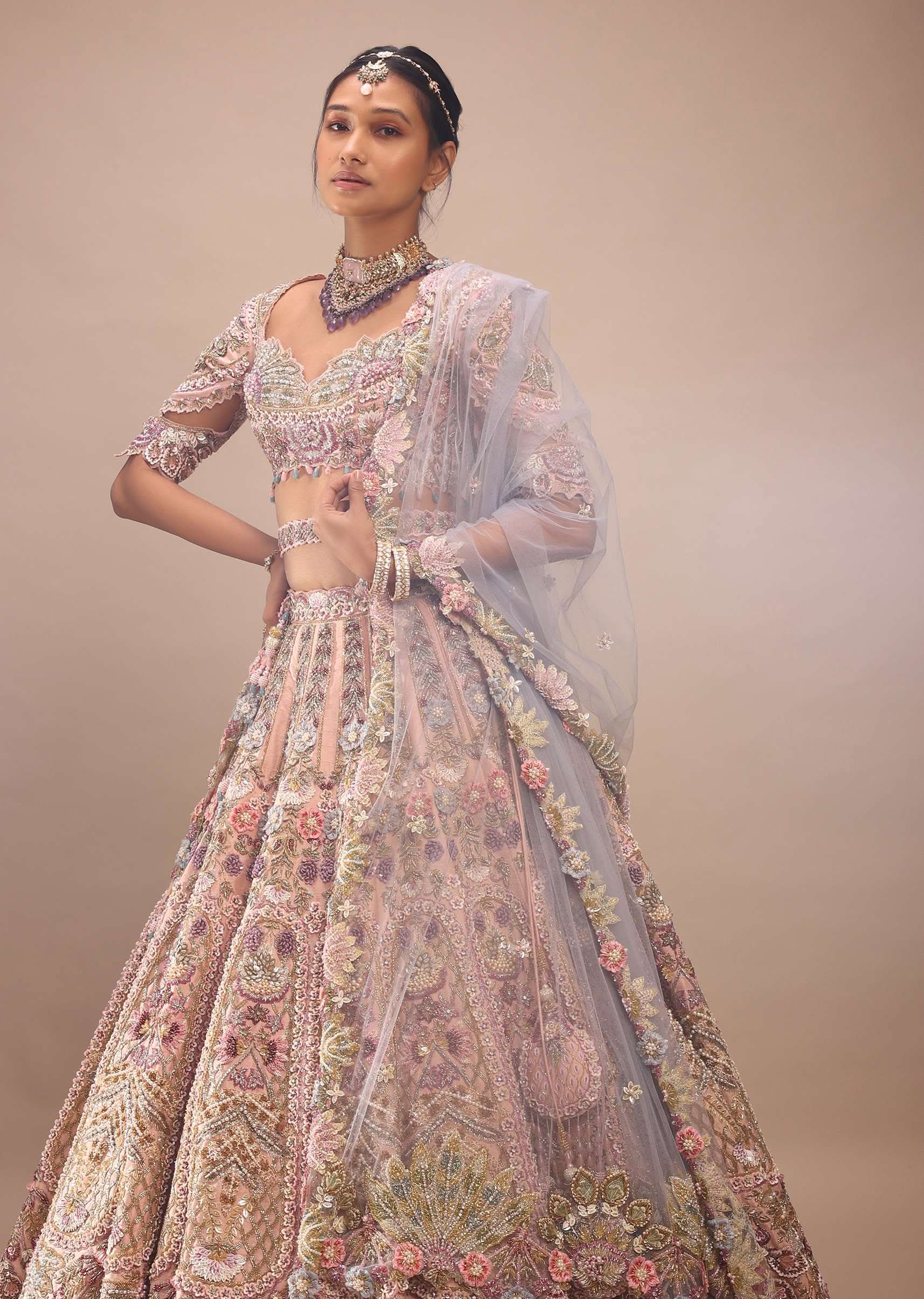 Light Pink Lehenga Set With A Choli In Moti Embroidery, Crop Top Comes In Half Sleeves With Cut Work - Image 10