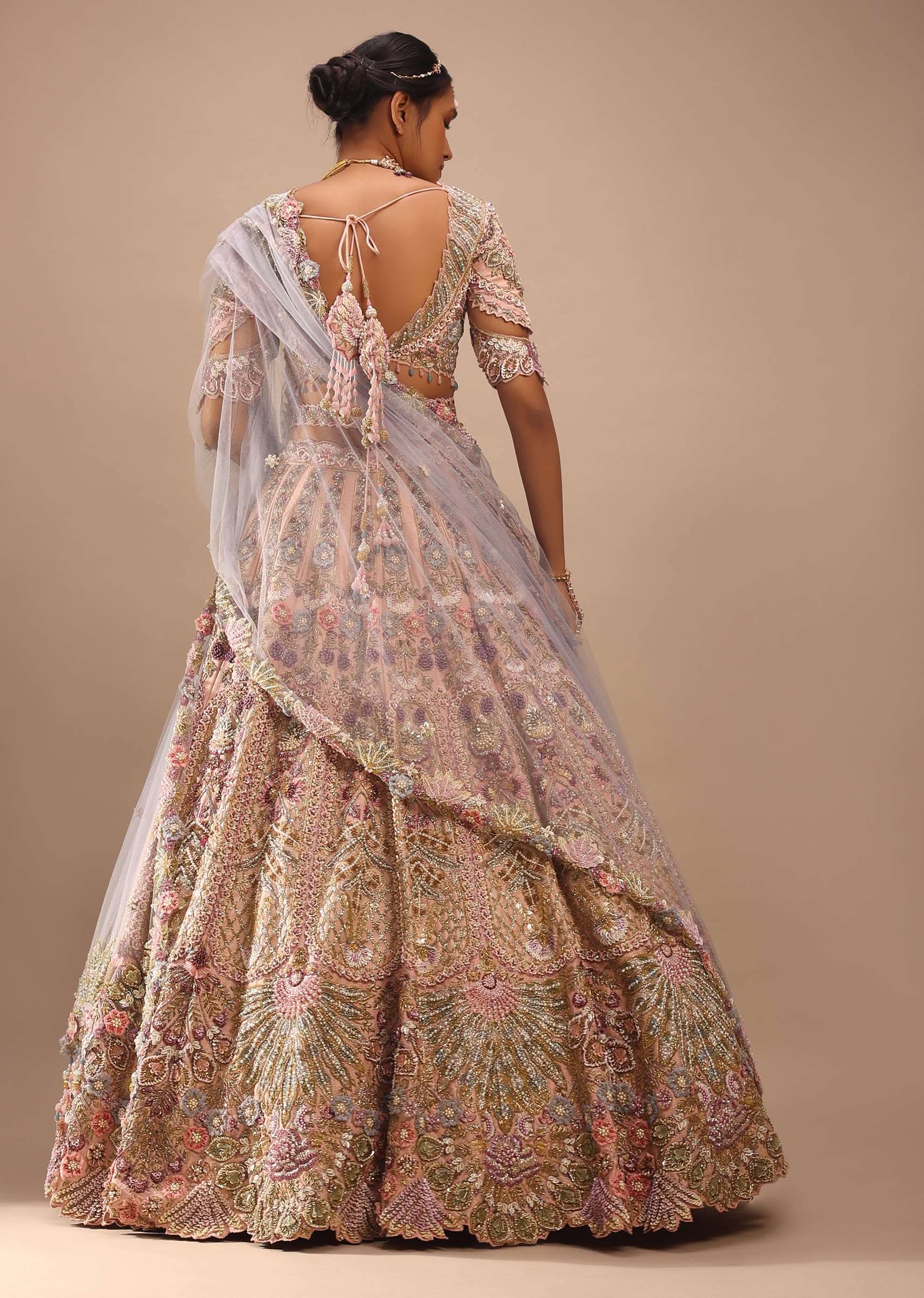 Light Pink Lehenga Set With A Choli In Moti Embroidery, Crop Top Comes In Half Sleeves With Cut Work - Image 12