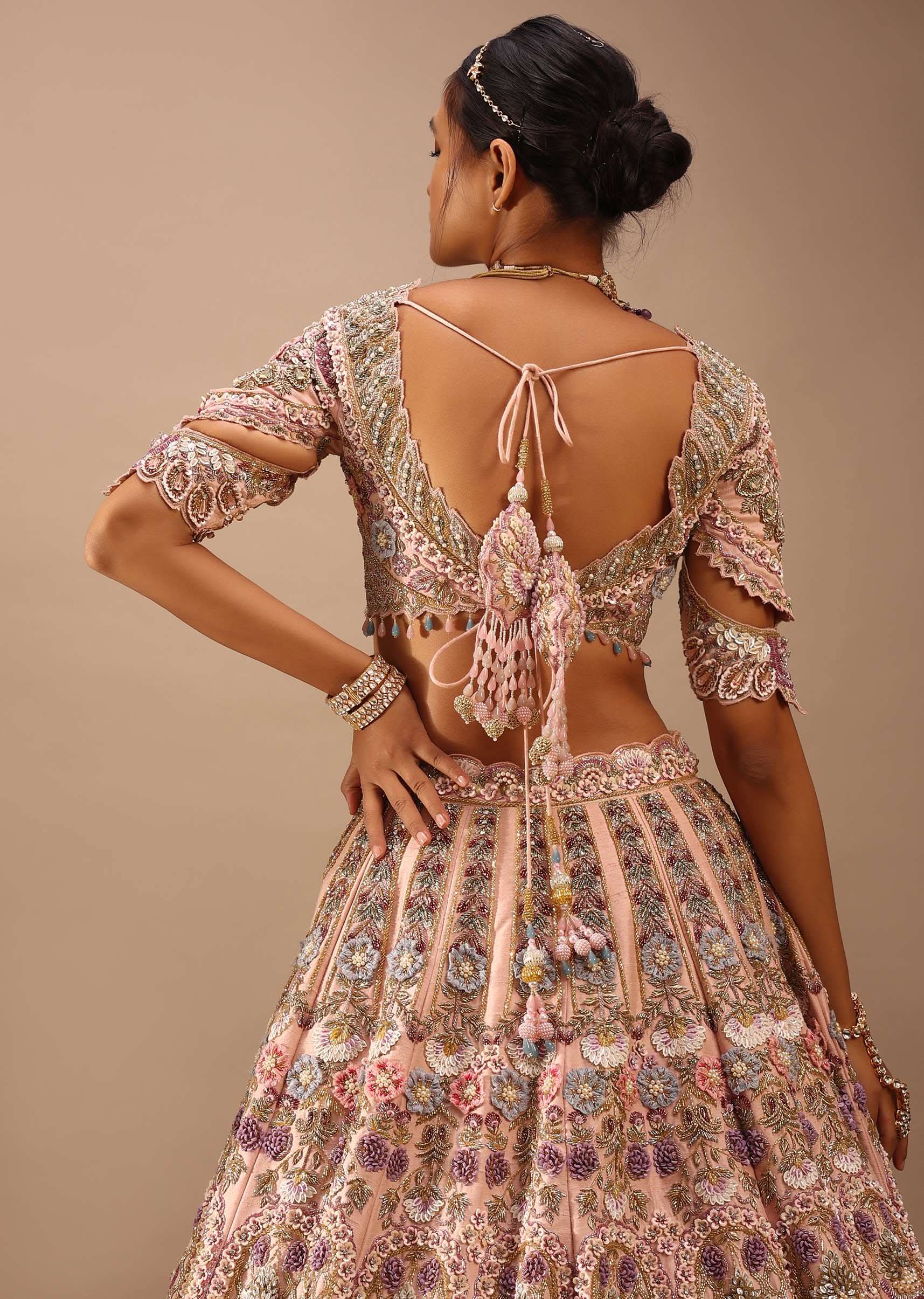 Light Pink Lehenga Set With A Choli In Moti Embroidery, Crop Top Comes In Half Sleeves With Cut Work - Image 13